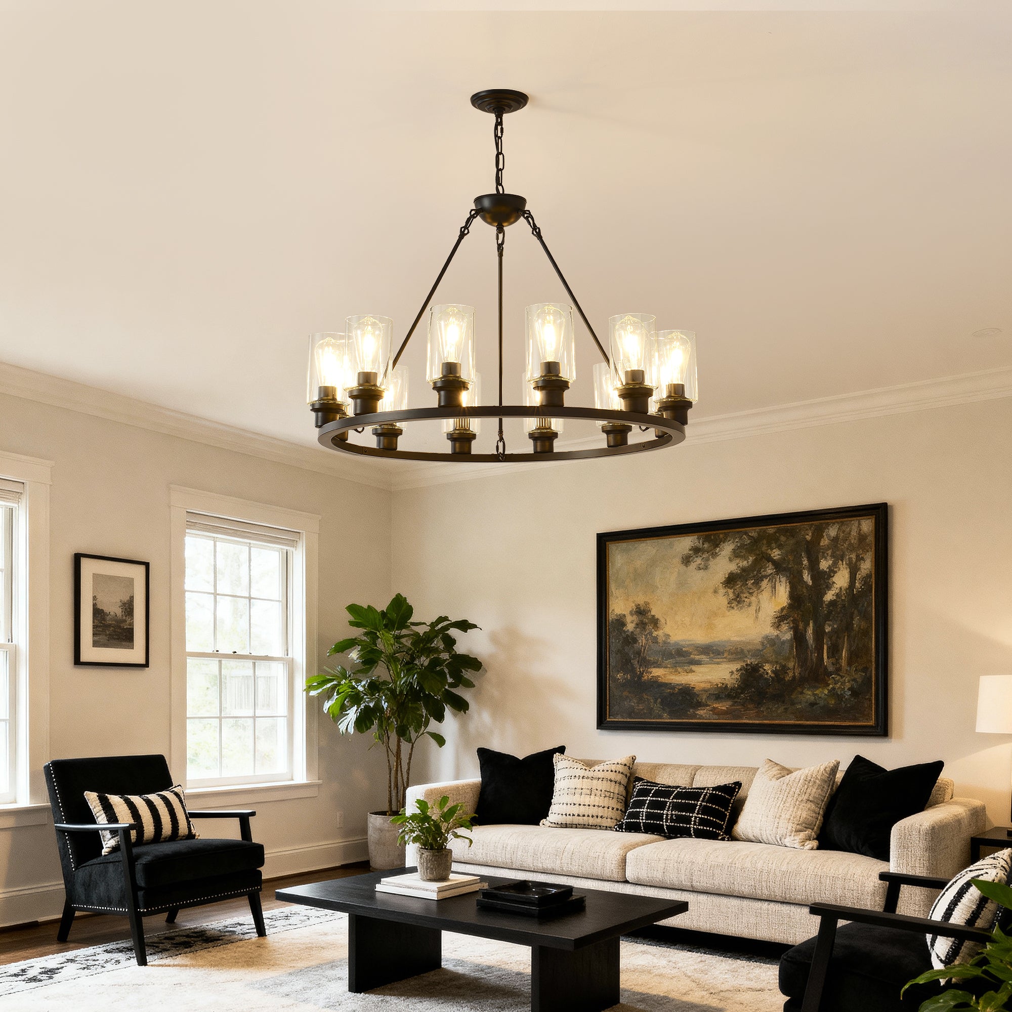 Black Wagon Wheel Chandelier 31.5 Inch Modern Farmhouse Pendant Light