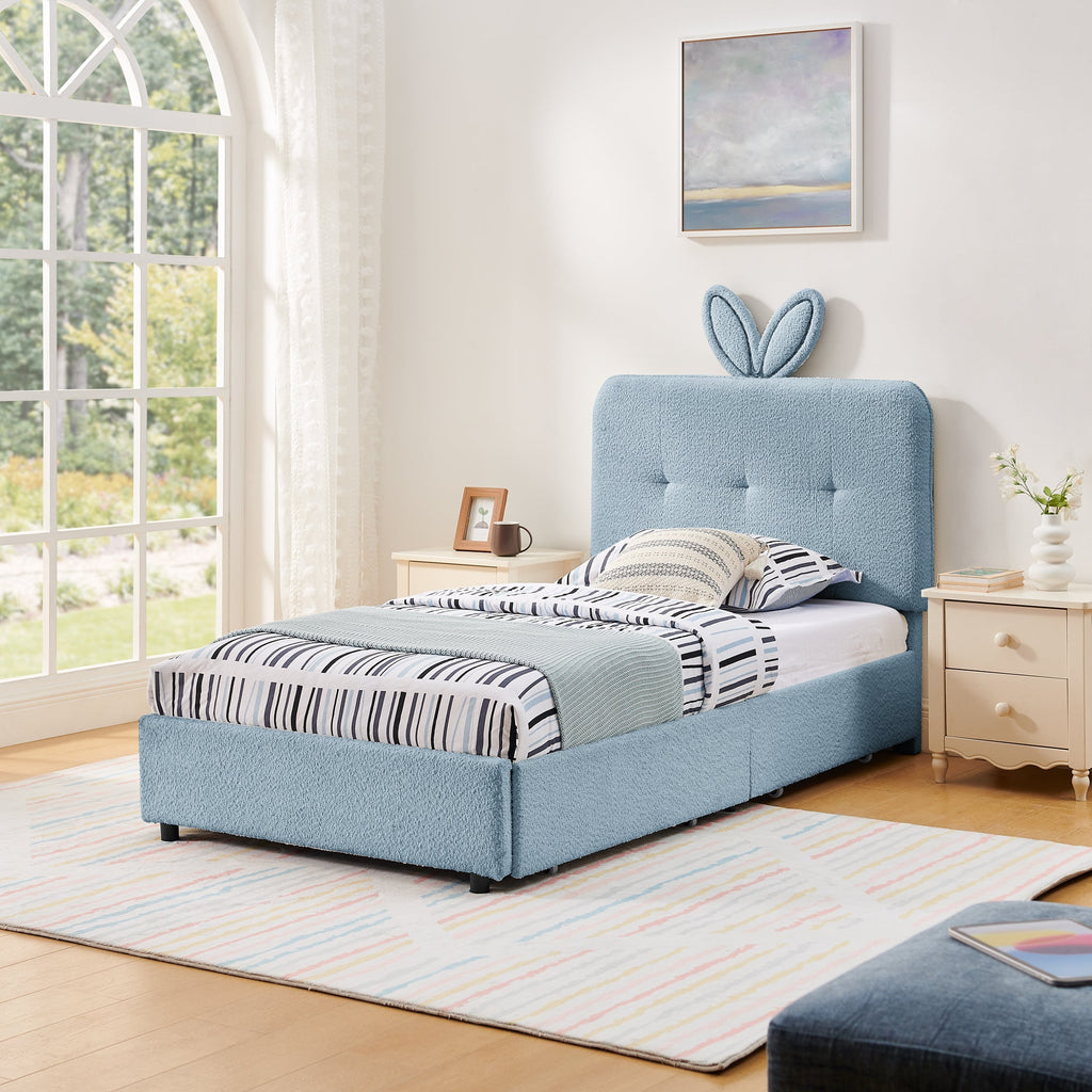 Twin Size Kids Upholstered Bed with Oversized Rabbit Ear Headboard