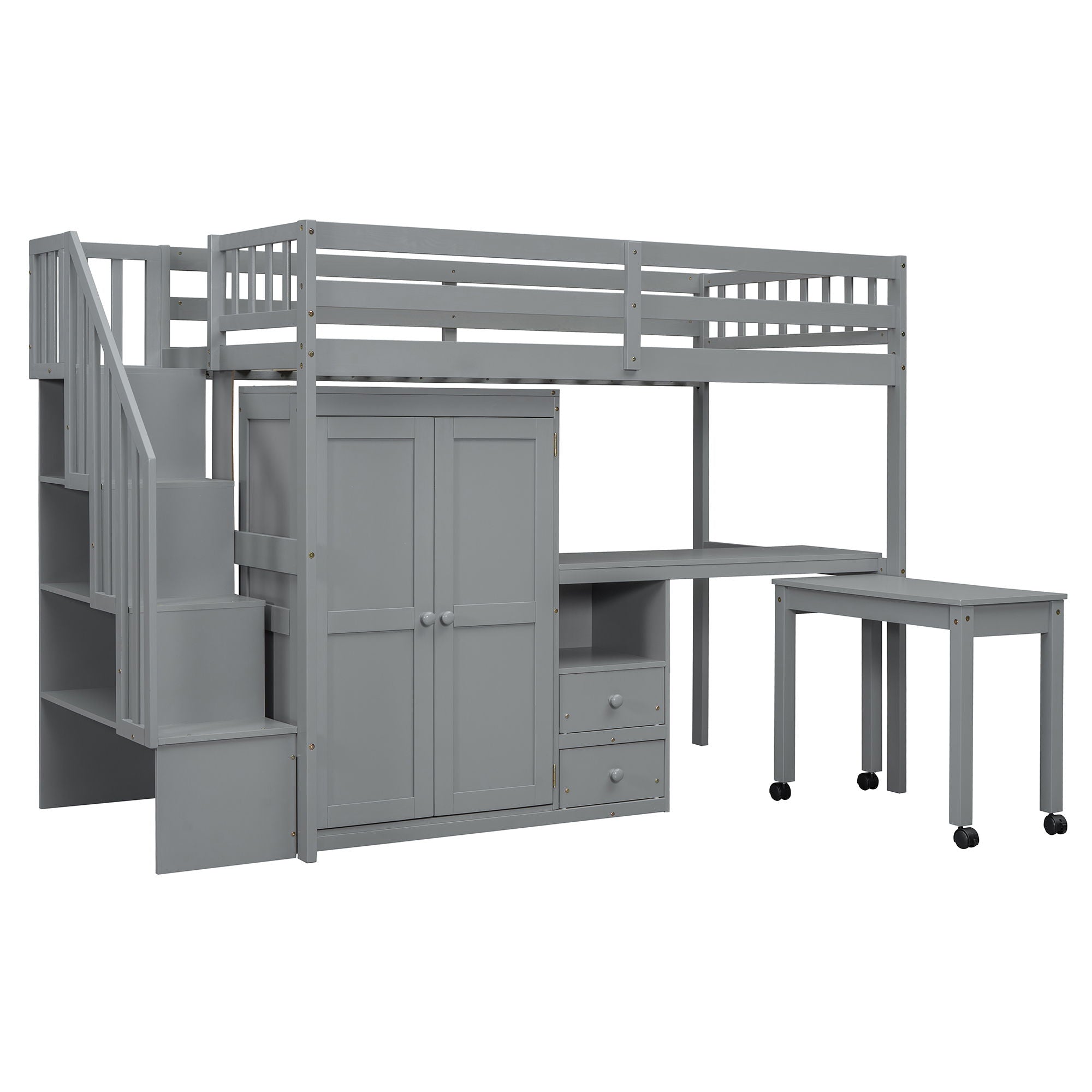 Loft Bed With Stairs, Bookshelf, Drawers, Desk & Wardrobe, Space Saving Multifunctional Furniture