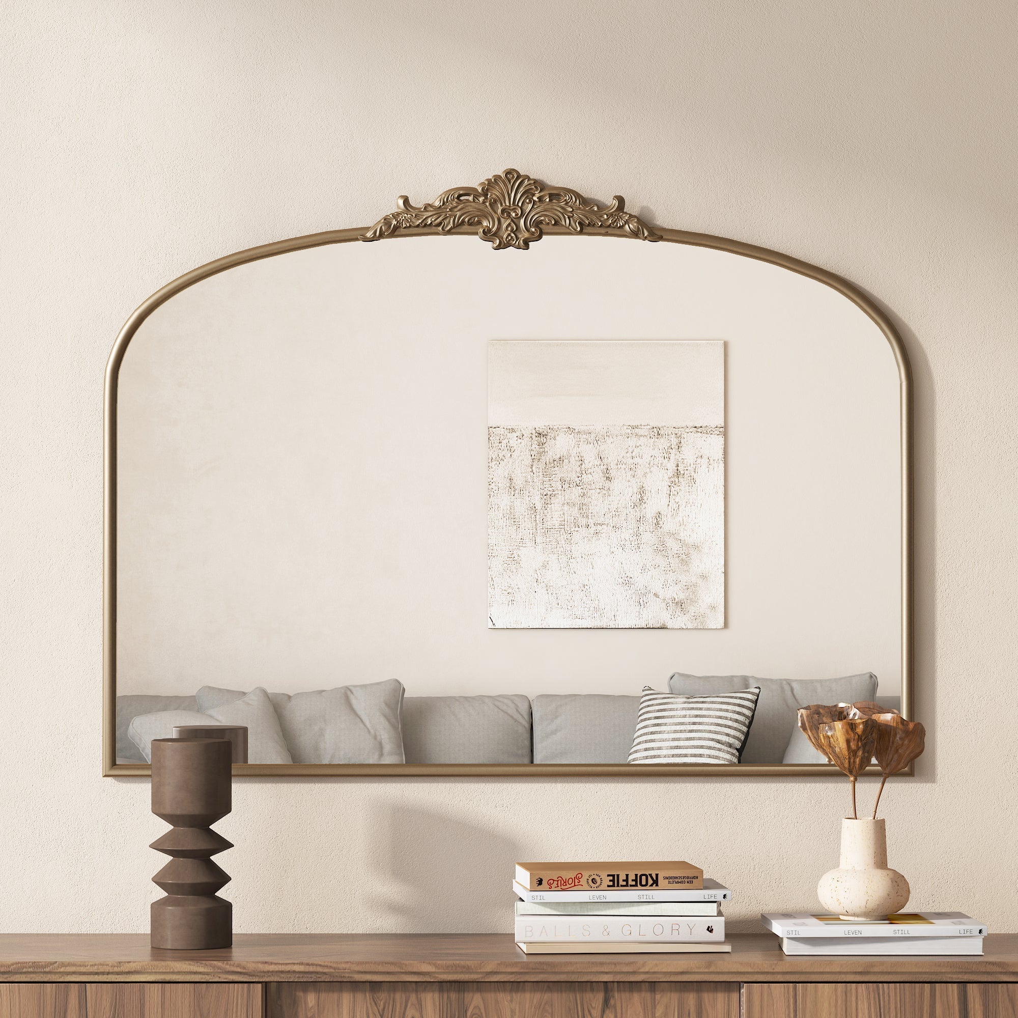 Vintage Arched Gold Mirror: 40'x30' Antique Brass Frame