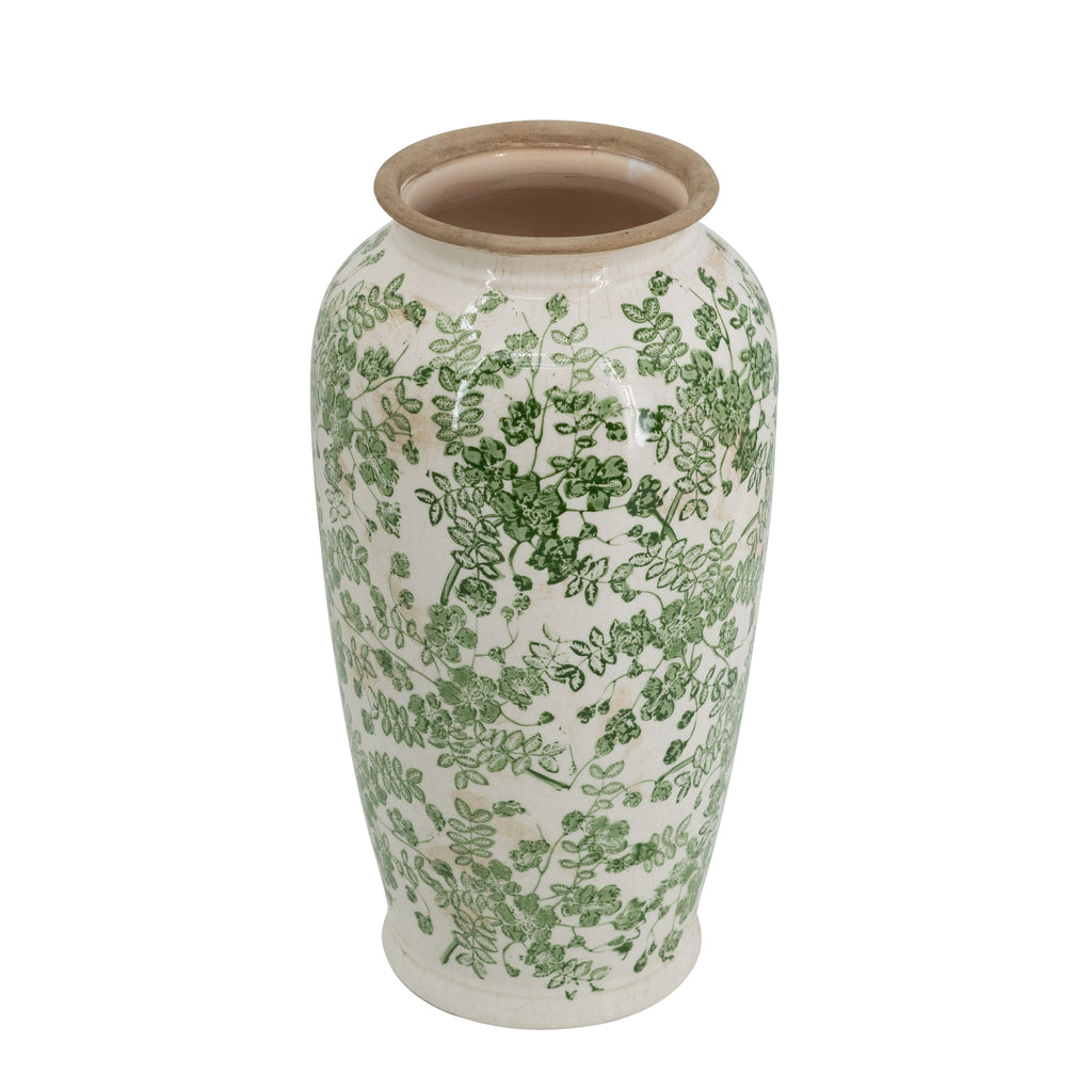 7.7x7.7x14.6' White Ceramic Flower Vase with Green Floral Pattern