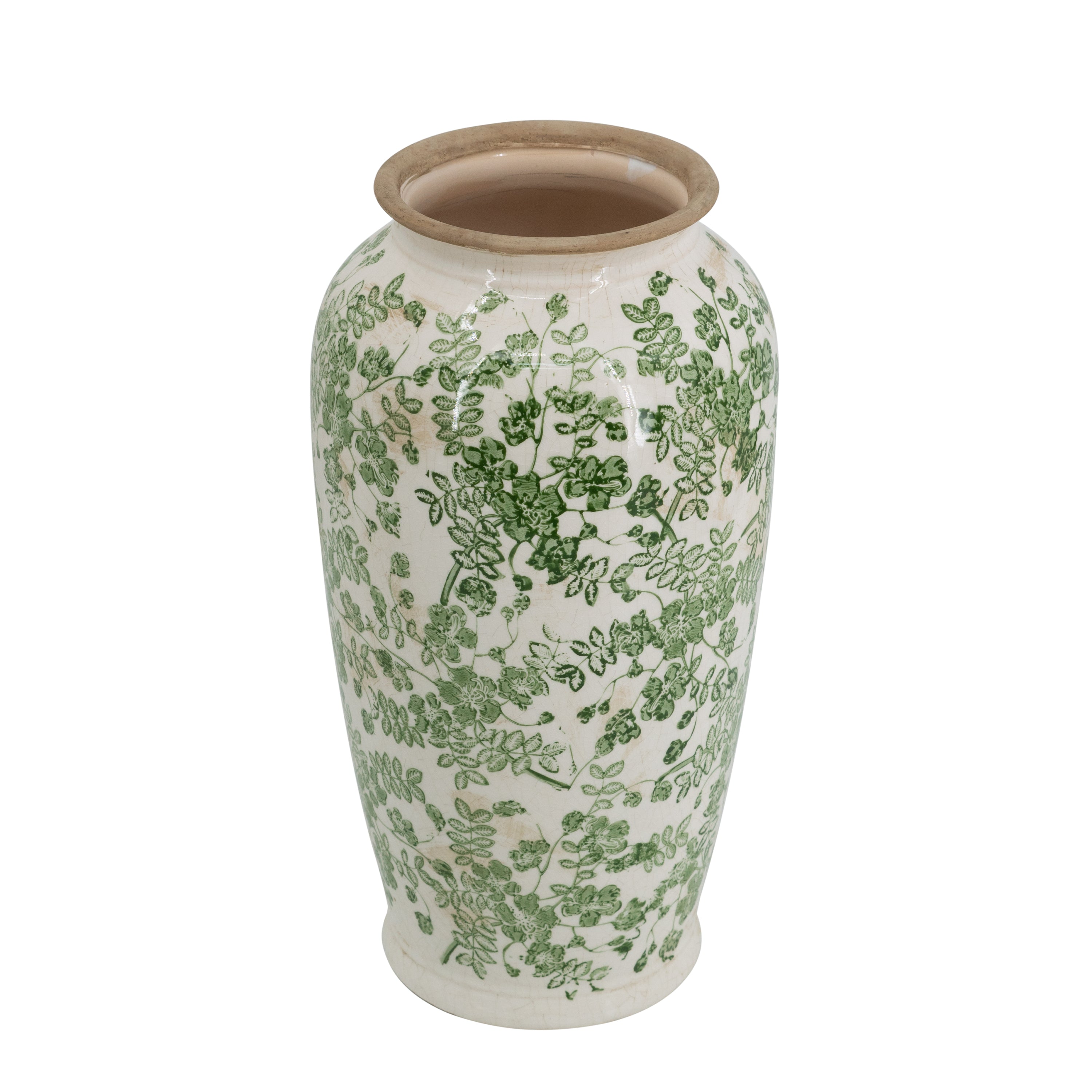 7.7x7.7x14.6' White Ceramic Flower Vase with Green Floral Pattern