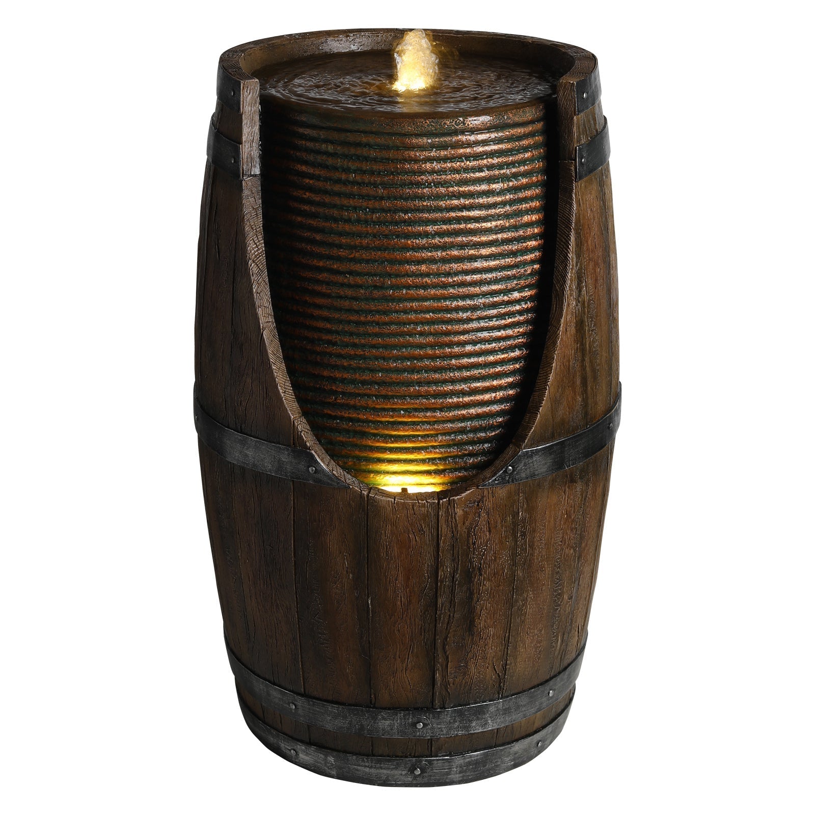 Outdoor Barrel Water Fountain with Rustic Wood Look Resin