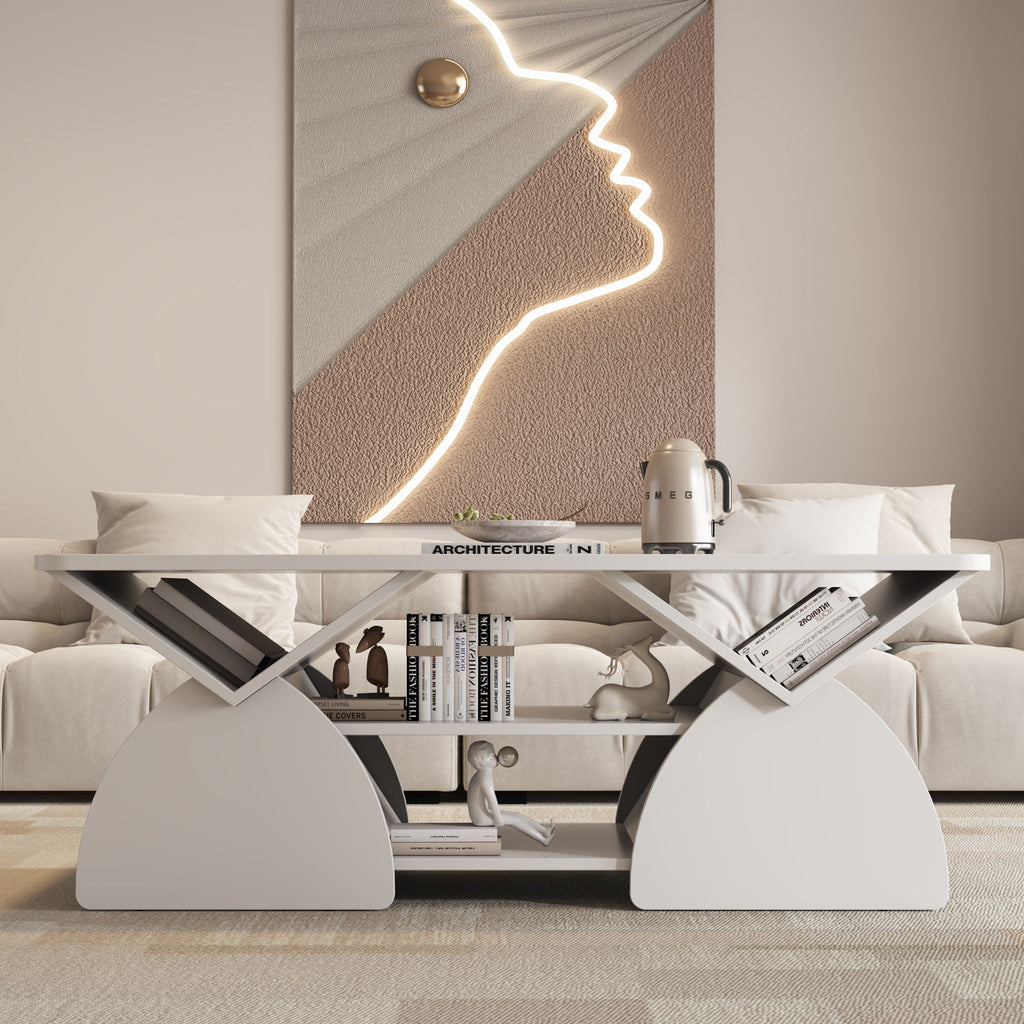 Geometric Engineered Coffee Table with Rounded Corners and Open Shelves