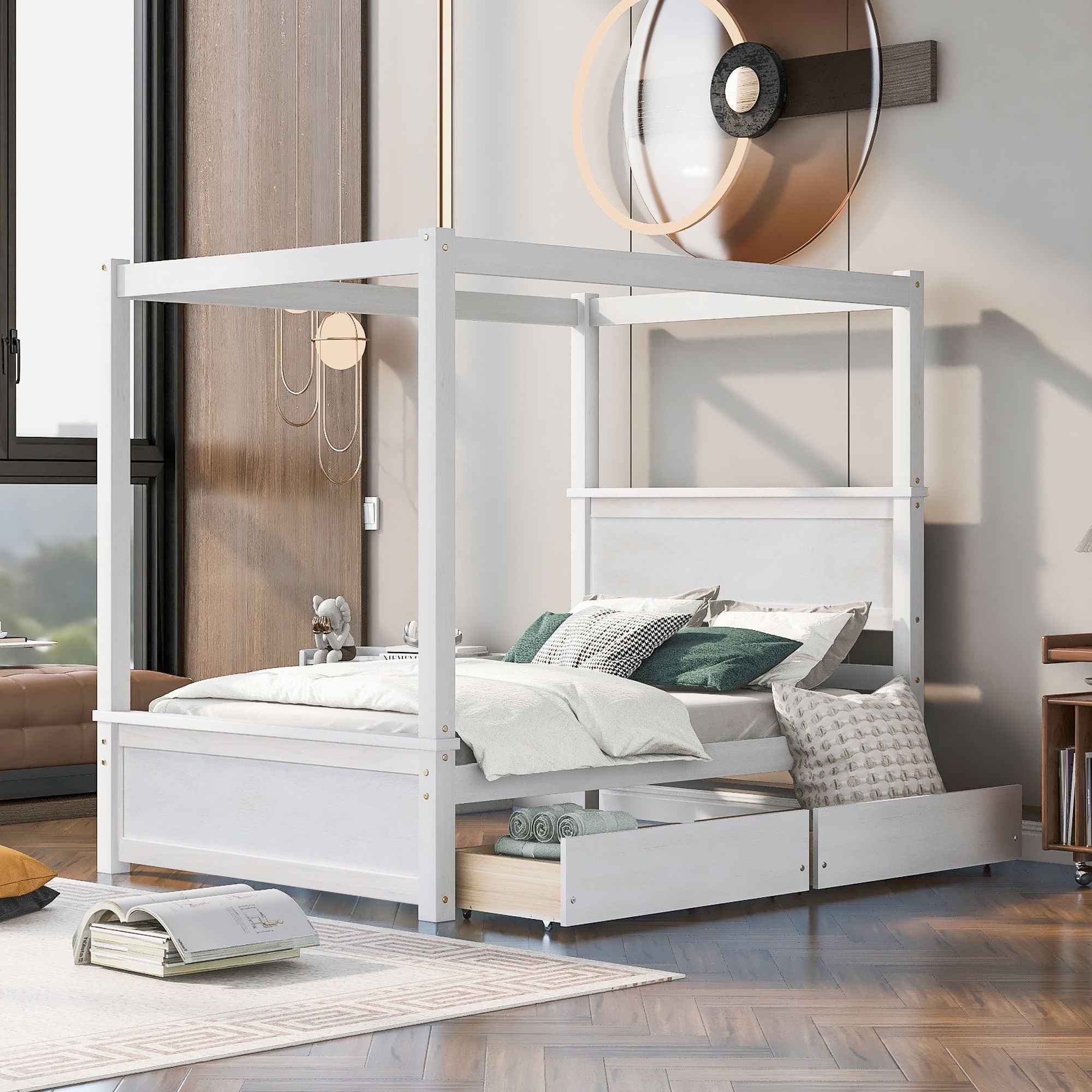 Canopy Platform Bed With Drawers, Support Slats, No Box Spring Needed