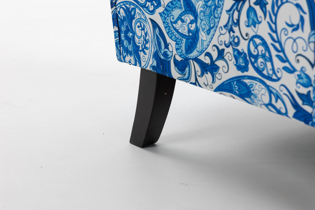 Upholstered Accent Chair with Blue and White Porcelain Print Linen Fabric