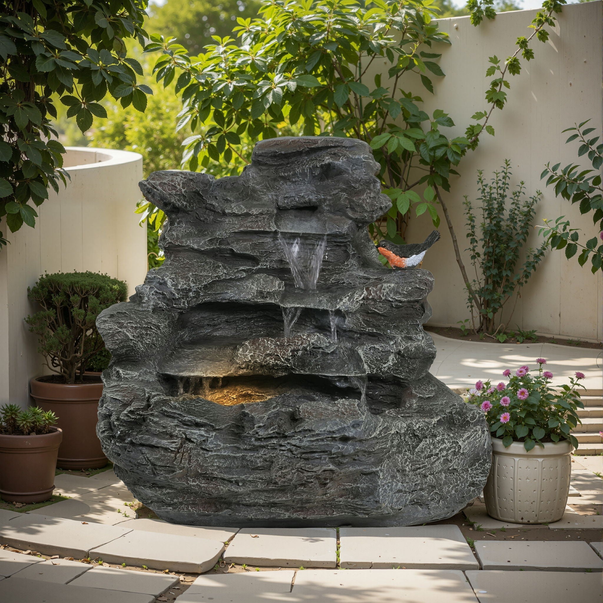 Concrete Rock Waterfall Fountain with LED Lights