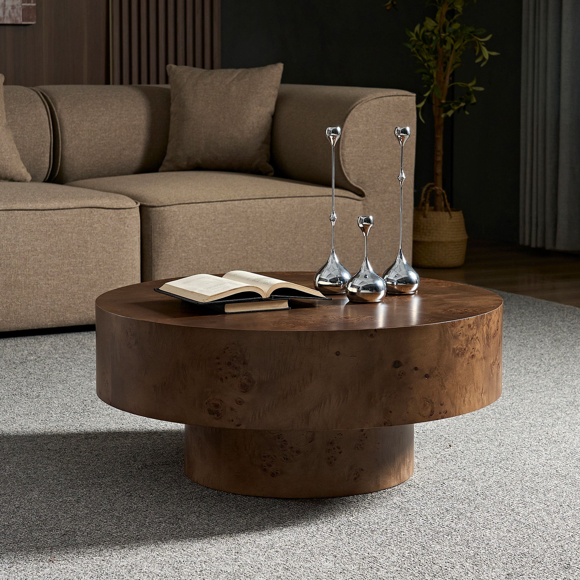 31.49" Burl Wood Veneer Round Coffee Table