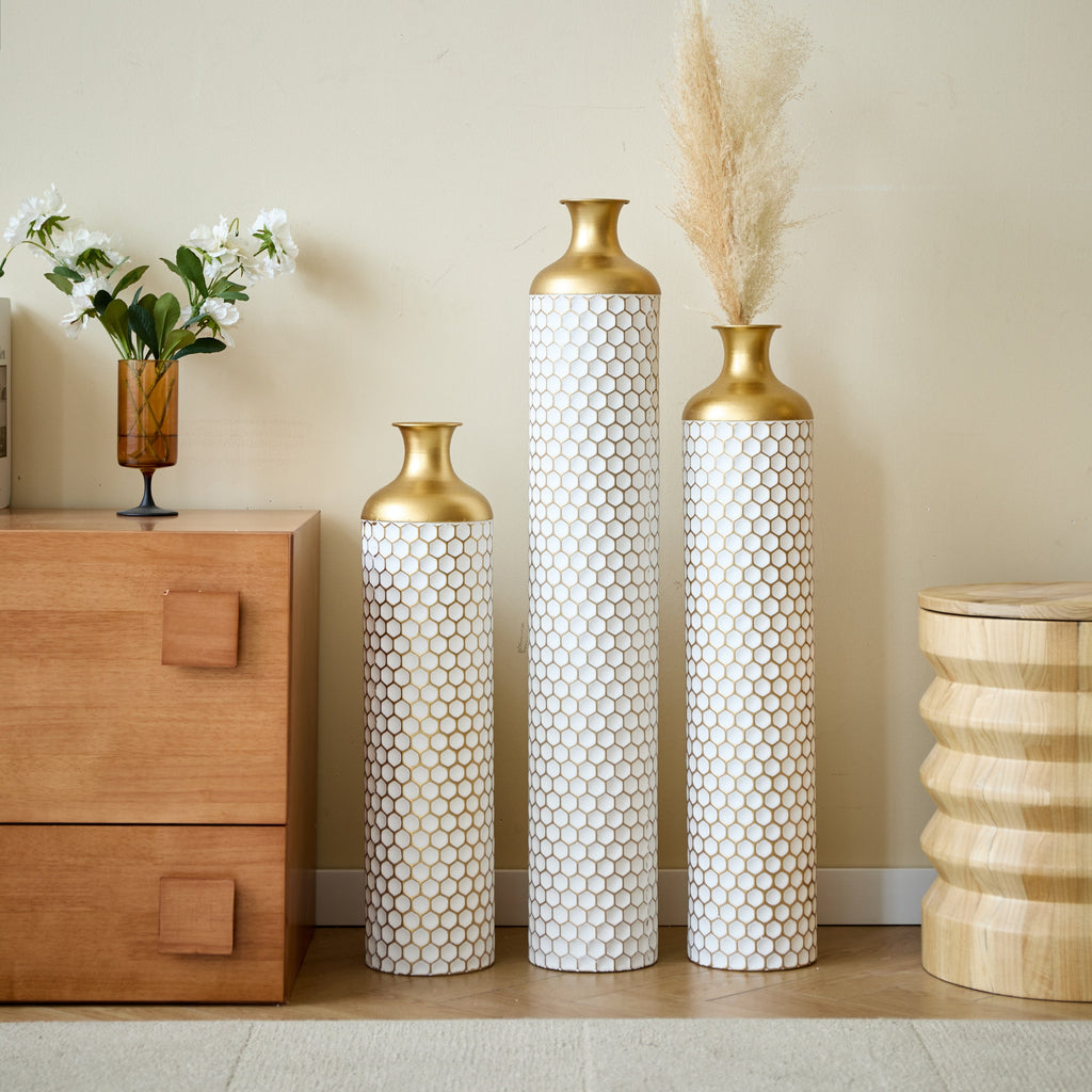 3-Piece Modern Metal Vase Set - White & Gold