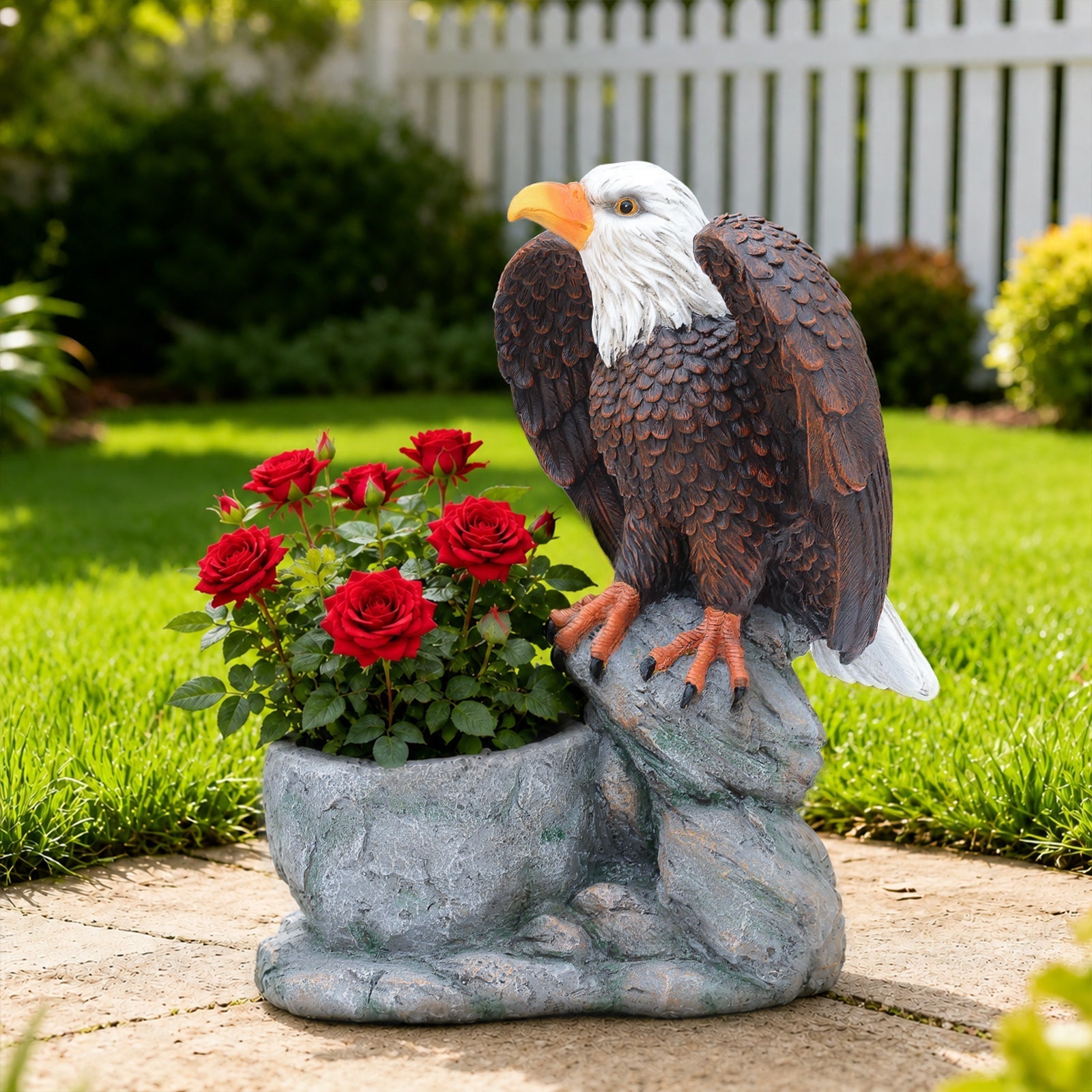 Standing Eagle Statue Garden Planter on Faux Stone Base