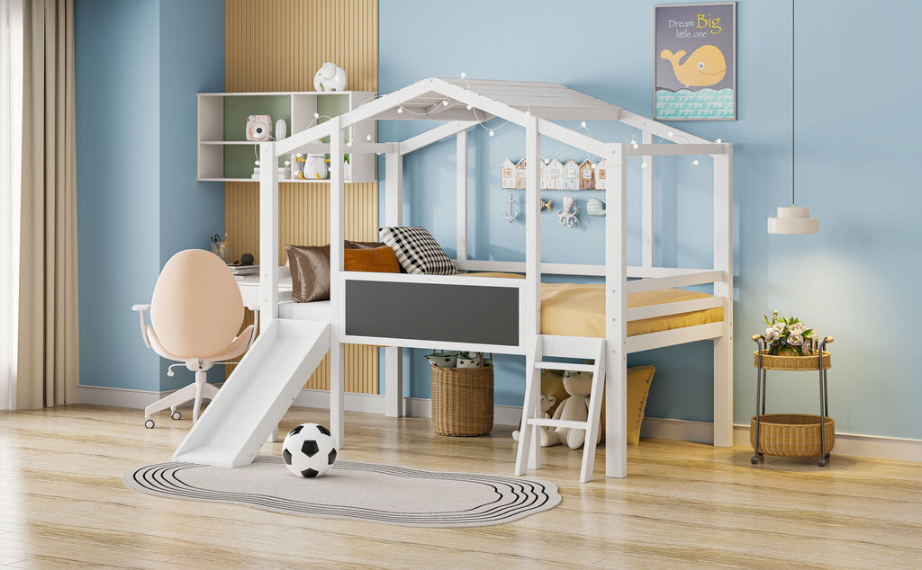 Loft House Bed With Ladder And Slide, With board And Light Strip On The Roof