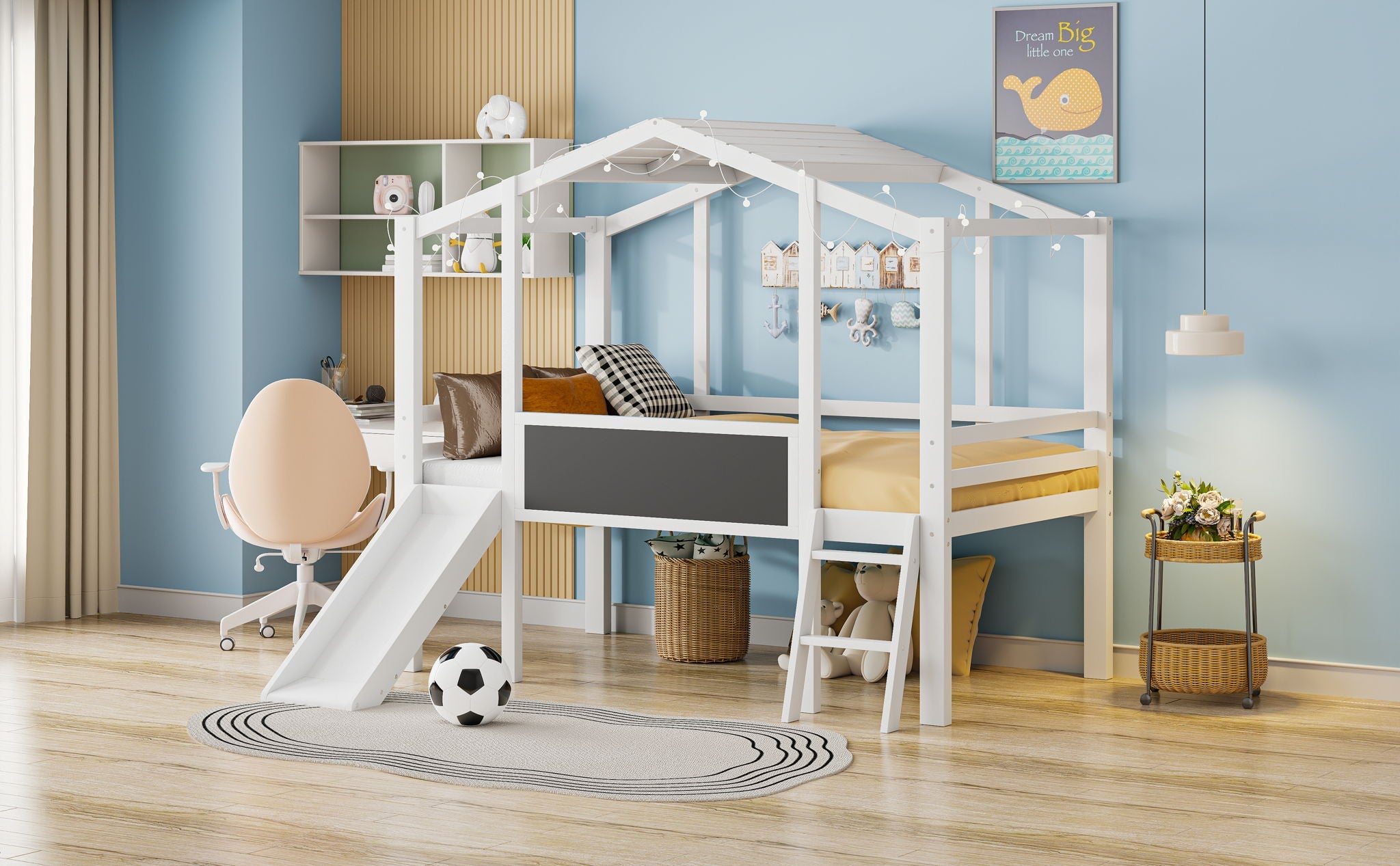 Loft House Bed With Ladder And Slide, With board And Light Strip On The Roof