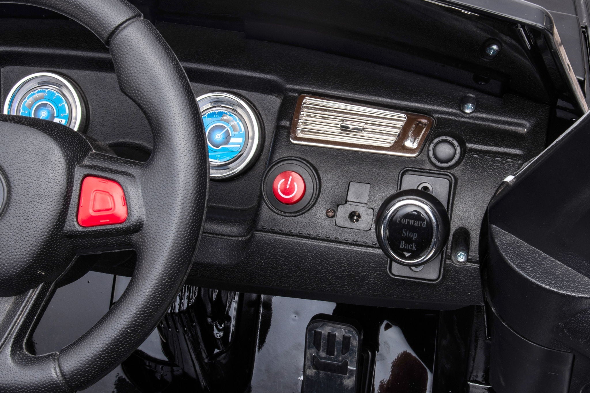 12V7A 30W*2 Four-Wheel Drive Seat One Button Start, Forward And Backward, High And Low Speed, Music, Front Light, Power Display, Two Doors Can Open, 2.4G R / C, Seat Belt Four Wheel Absorber