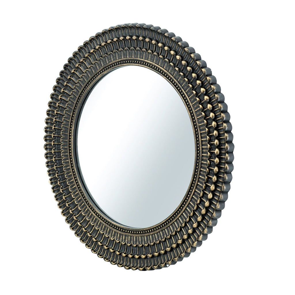 D26.5' Round Black and Gold Wooden Accent Mirror with Woven Texture