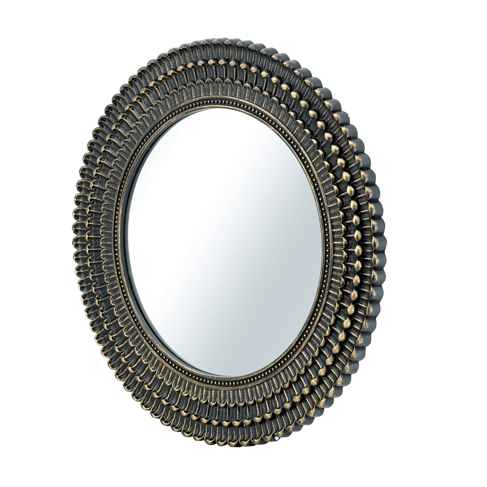 D26.5' Round Black and Gold Wooden Accent Mirror with Woven Texture