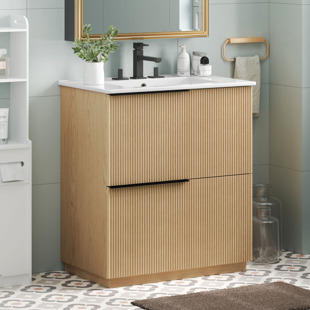 Fluted Bathroom Vanity With Ceramic Sink and Soft-Close Slides