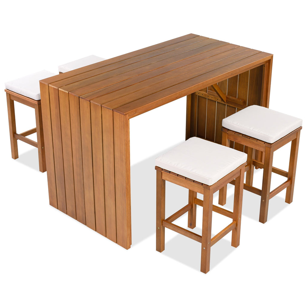 5 Piece Outdoor Bar Set with Acacia Wood Table & Cushioned Stools
