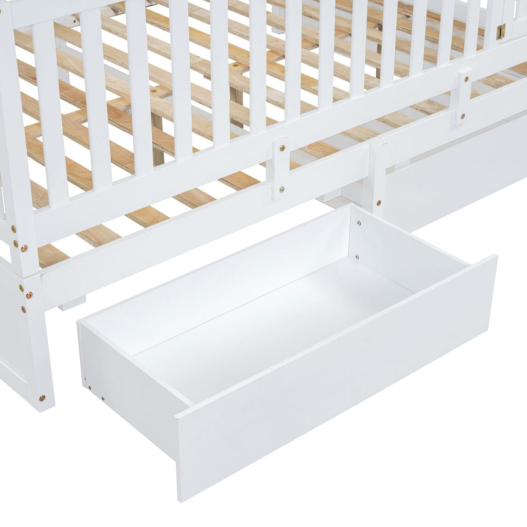 Daybed With Fence Guardrails And 2 Drawers, Split Into Independent Floor Bed & Daybed