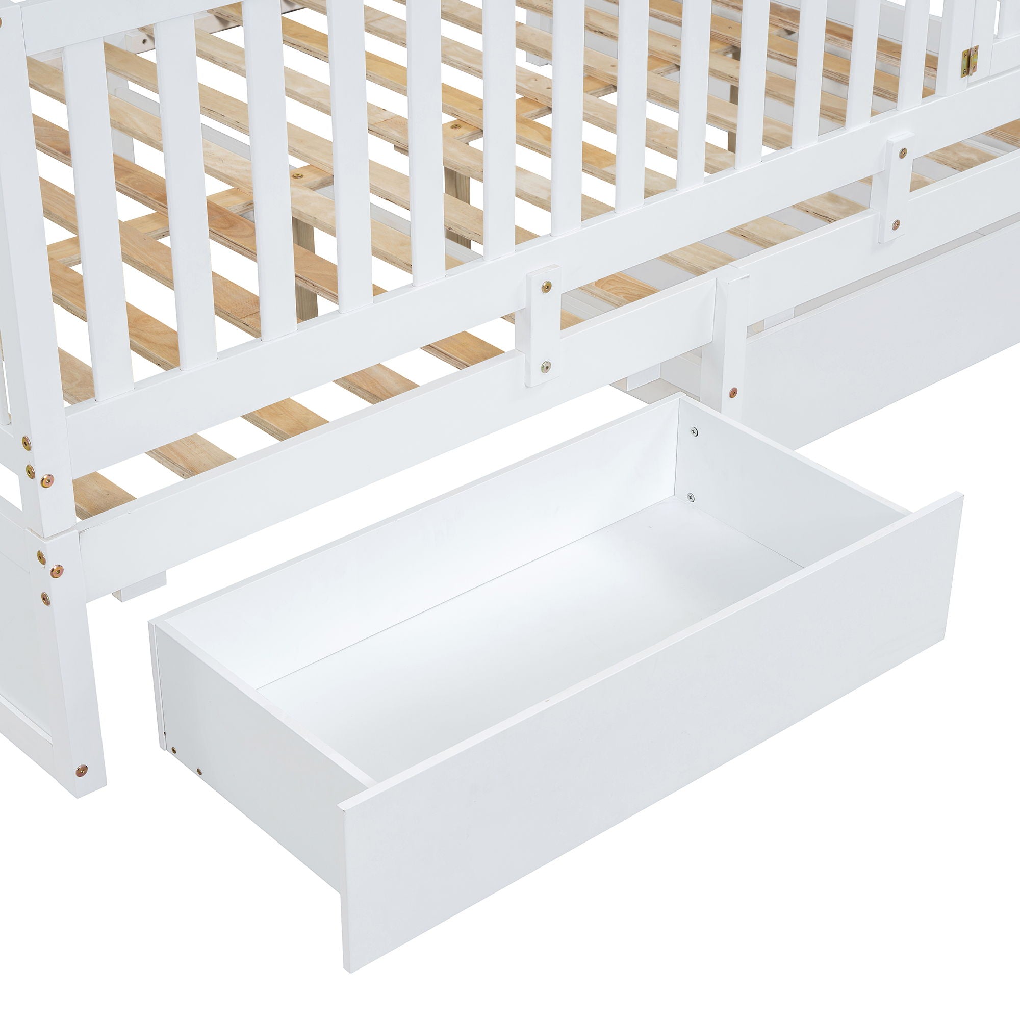 Daybed With Fence Guardrails And 2 Drawers, Split Into Independent Floor Bed & Daybed