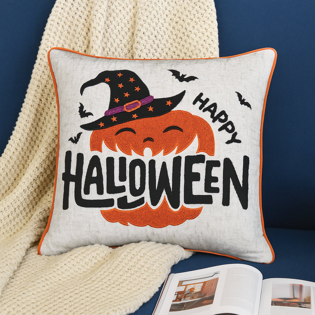 Embroidered Halloween Pumpkin Accent Pillow