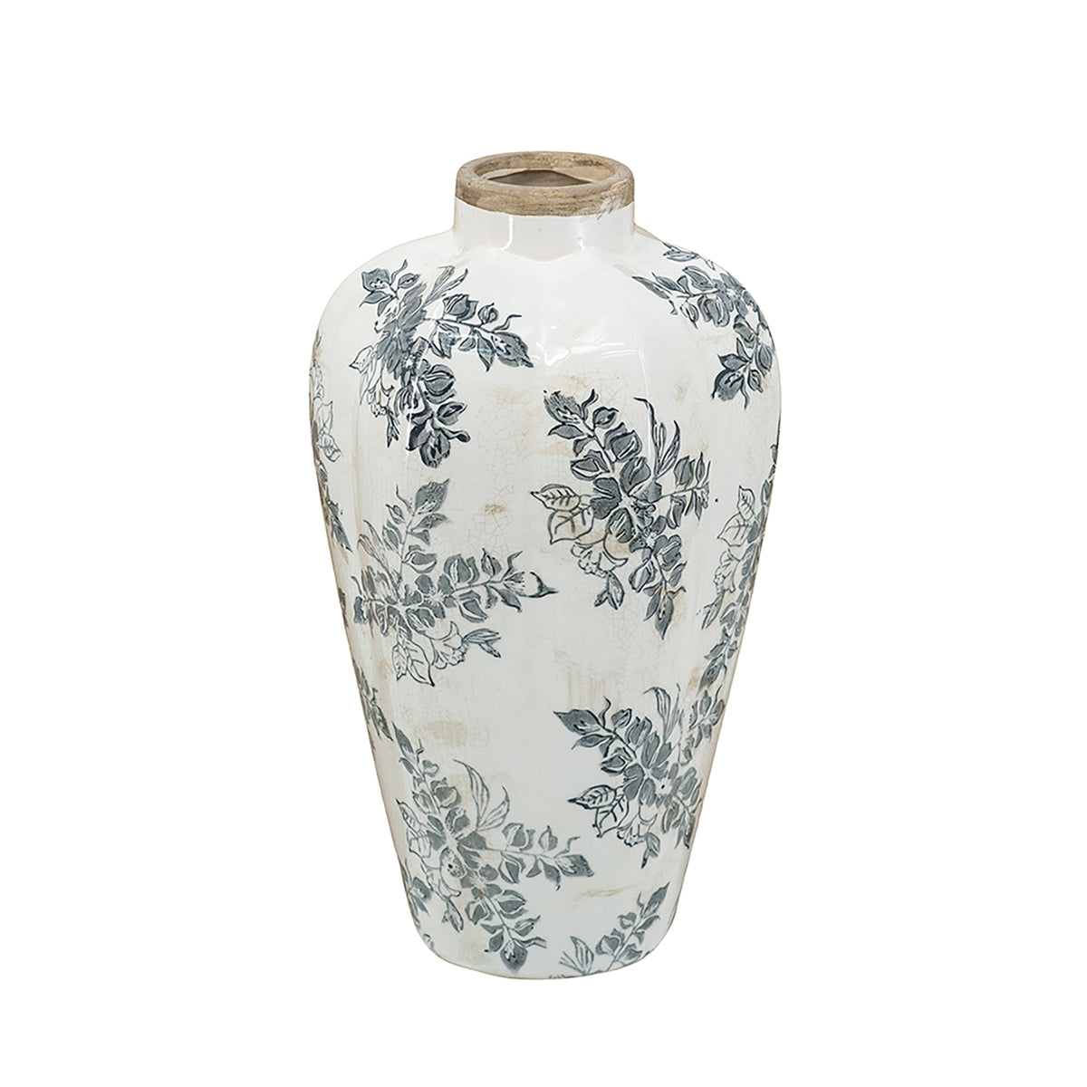 8.1x8.1x13.6' White Ceramic Accent Vase with Gray Floral Design