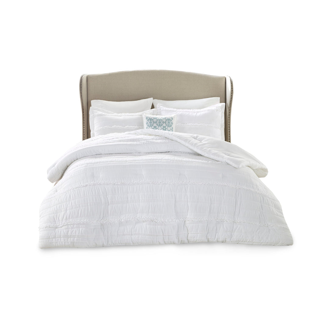 5 Piece Microfiber Ruffled Comforter Set - White California King