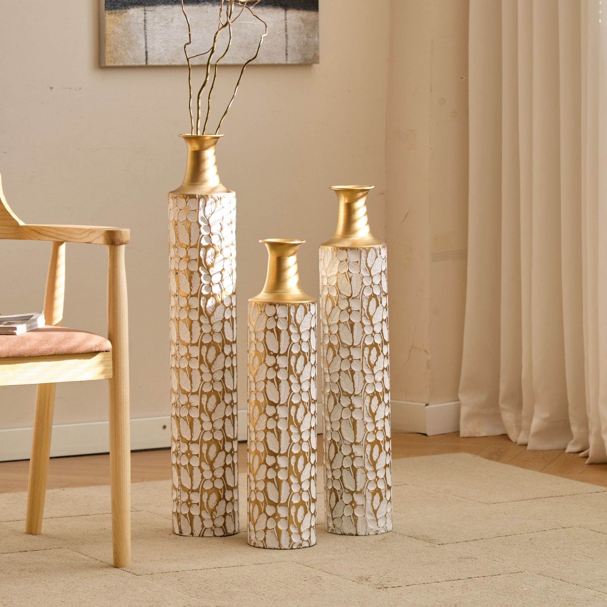 Floor Vases Large Decorative Set of 3 - Antique White & Gold