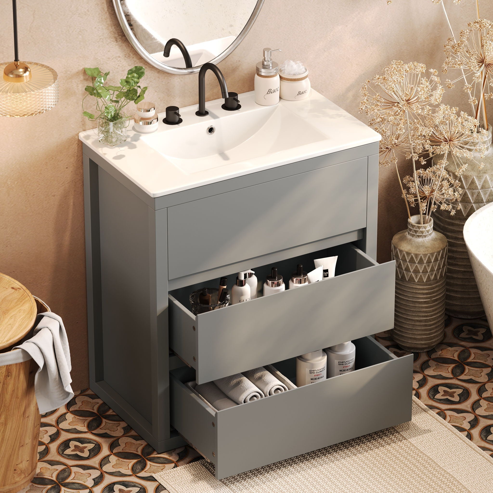 Freestanding Bathroom Vanity with Ceramic Sink and 2 Full Extension Drawers