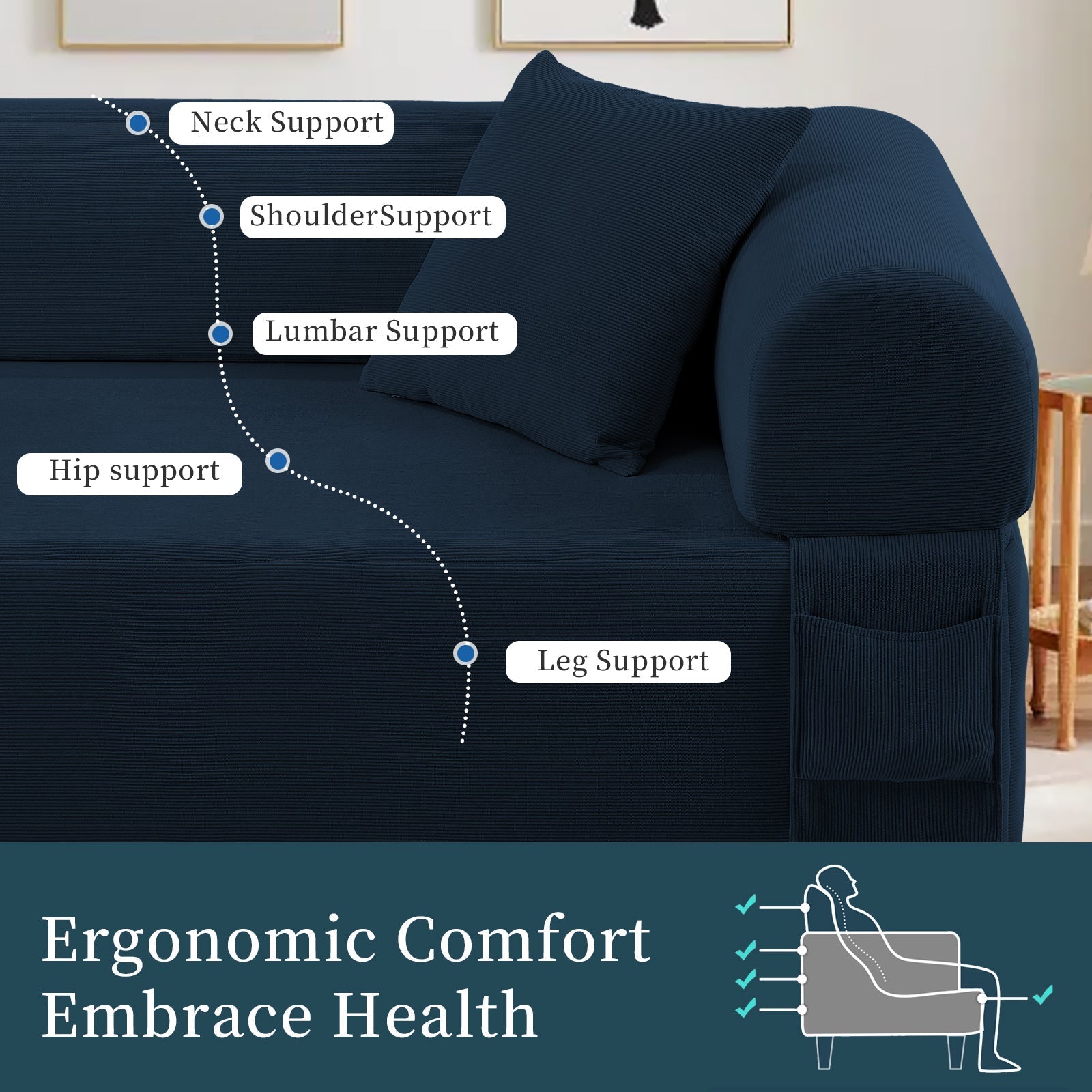 Spring Sofa with High-Quality Fabric, Pillows & Storage in Blue
