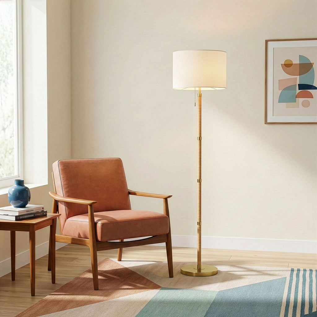 Stellar - Linen Shade Floor Lamp - Gold / Natural Wood / Rattan / White