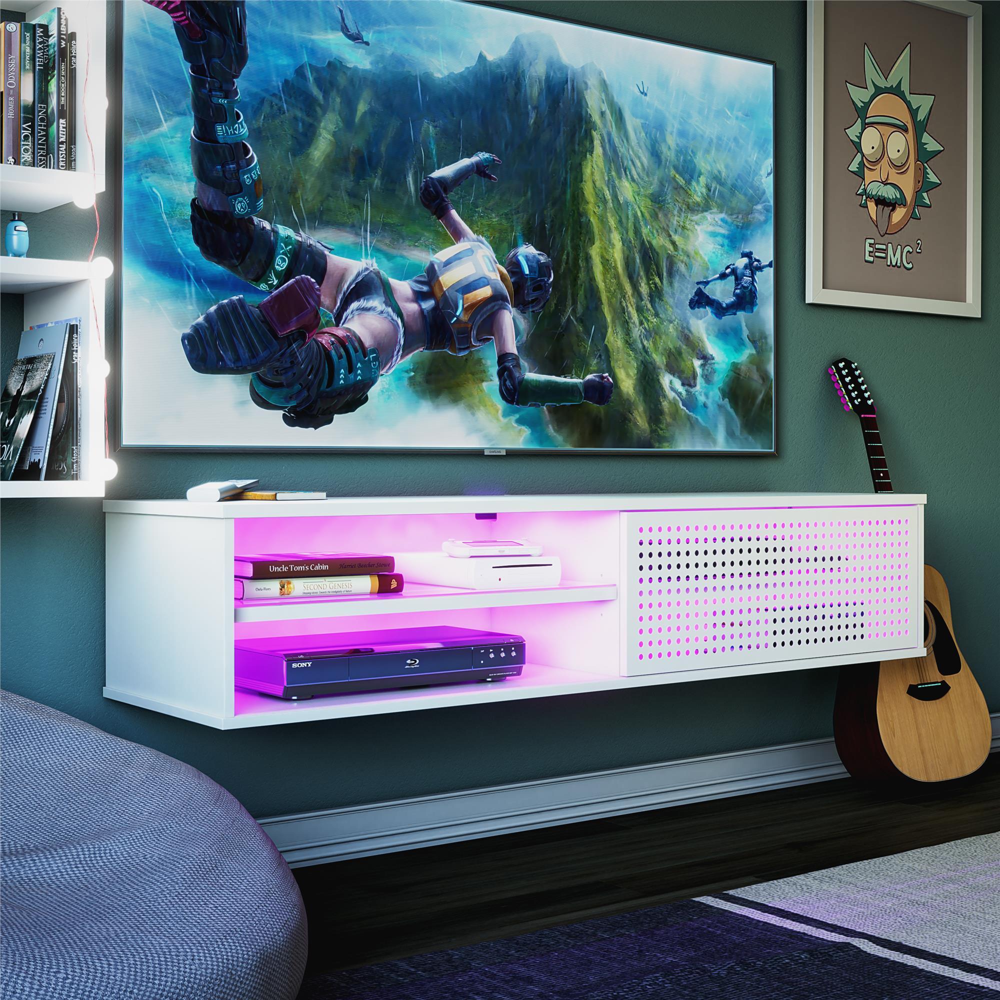 Glitch Floating TV Stand For TVs Up To 60" With RGB Lighting And Sliding Door - White