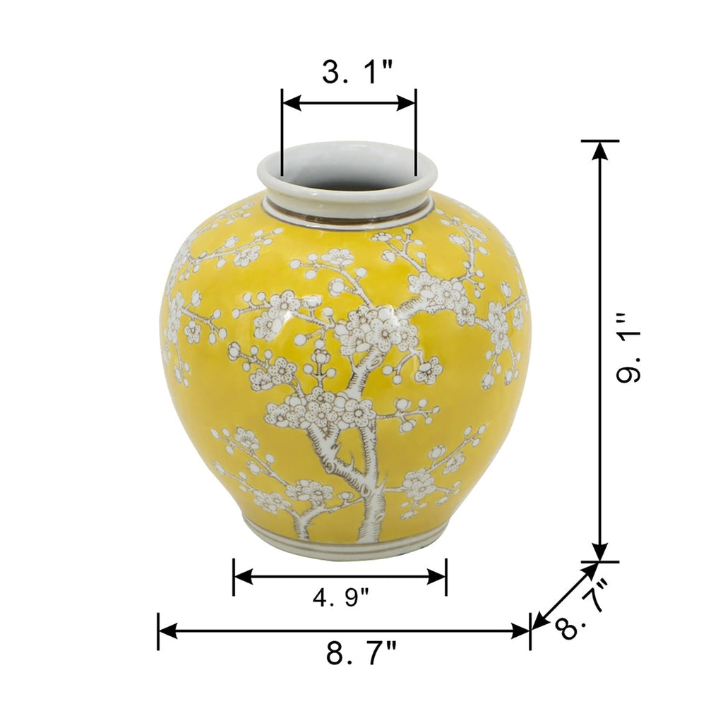 D8.7x9.1' Yellow and White Wide Curved Plum Blossom Vase