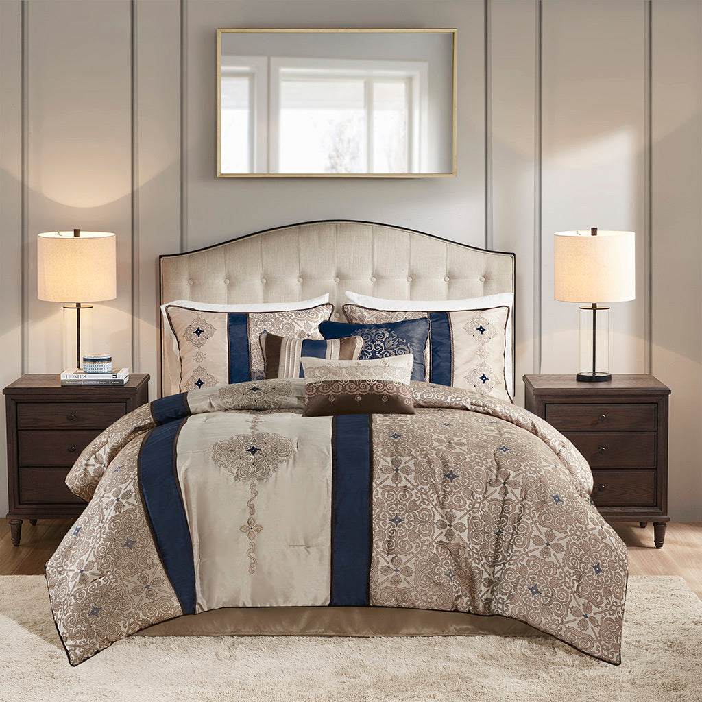 Cal King 7 Piece Jacquard Comforter Set with Throw Pillows