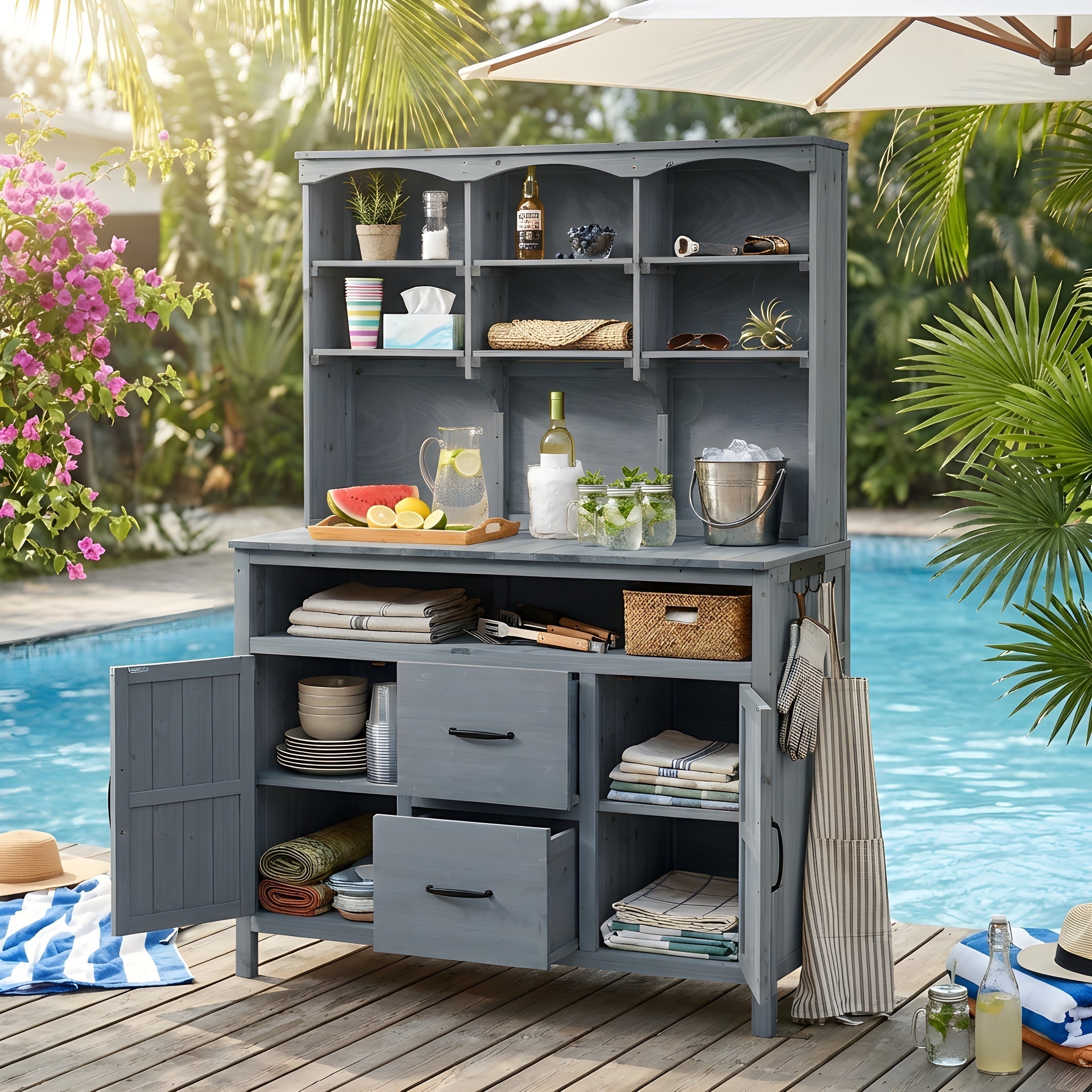 TOPMAX Large Fir Wood Potting Bench with Hutch and Storage