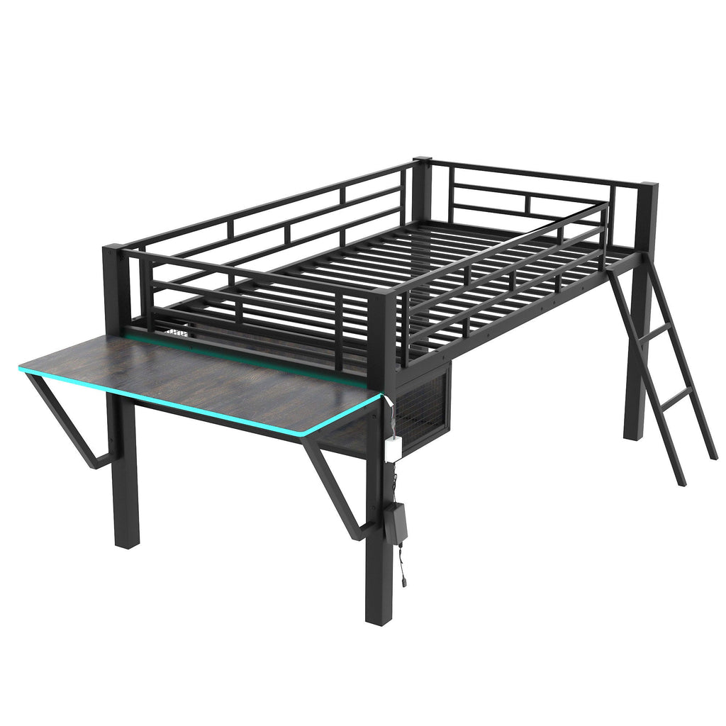 Modern Gaming Mid Loft Bed With Desk And LED Lights