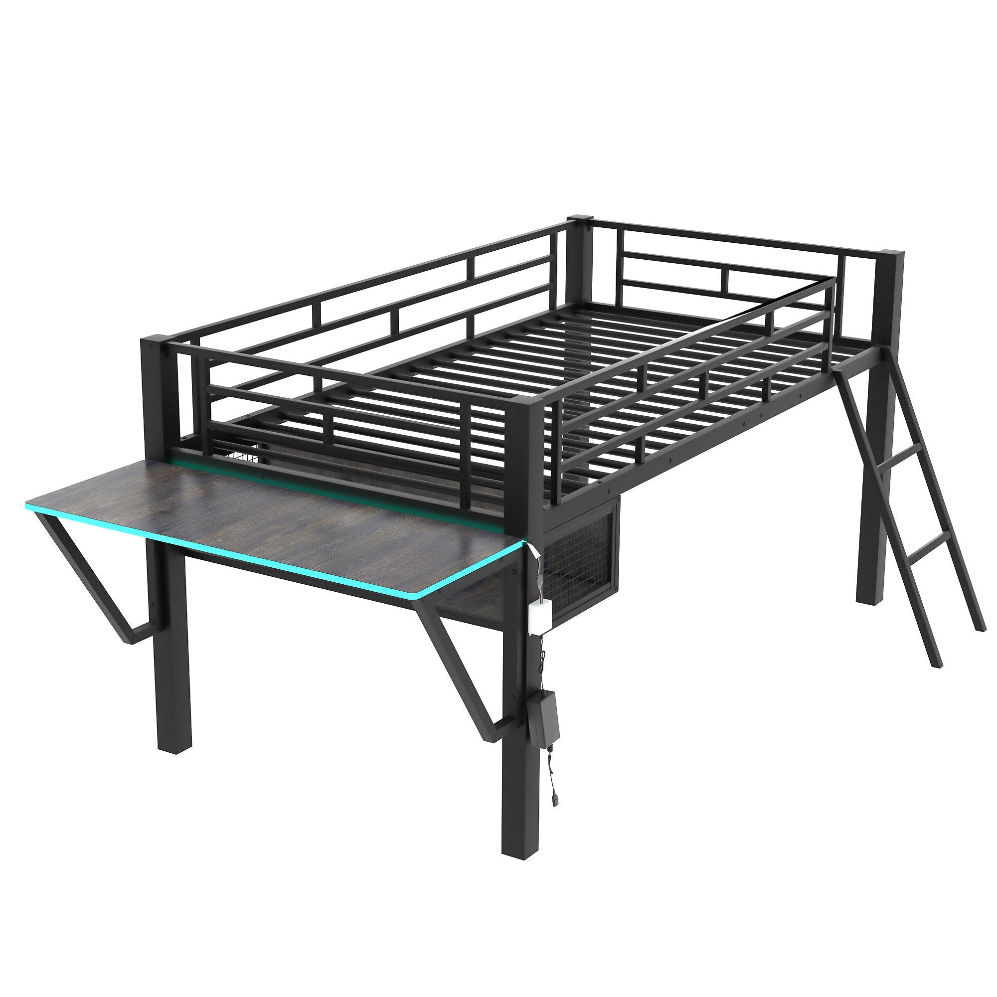 Modern Gaming Mid Loft Bed With Desk And LED Lights