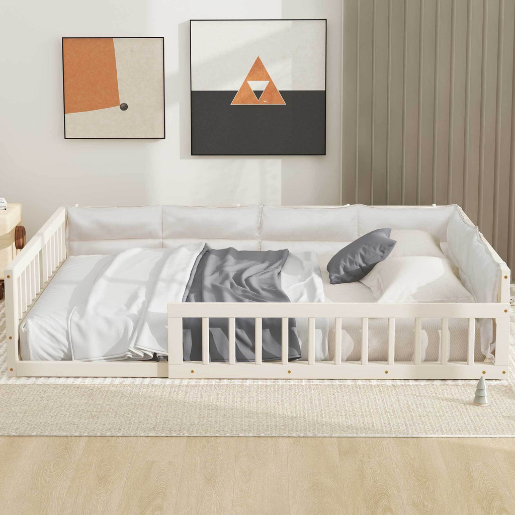 Wood Full Size Upholstered Platform Bed with Guardrail and Pillow