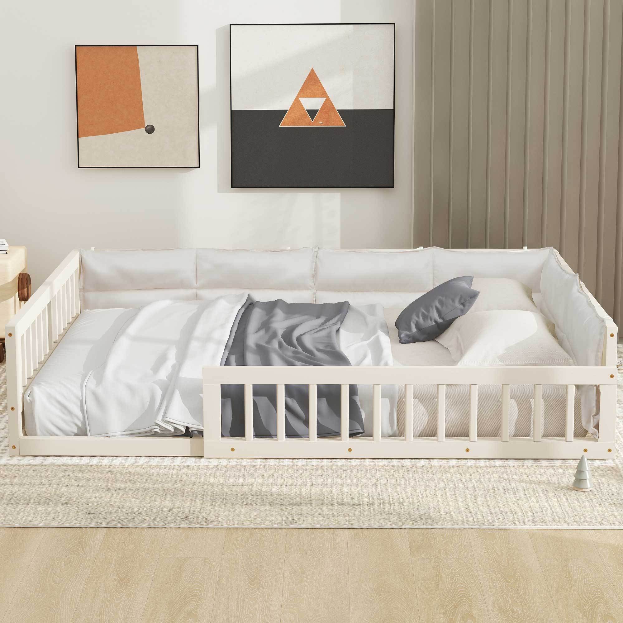 Wood Full Size Upholstered Platform Bed with Guardrail and Pillow