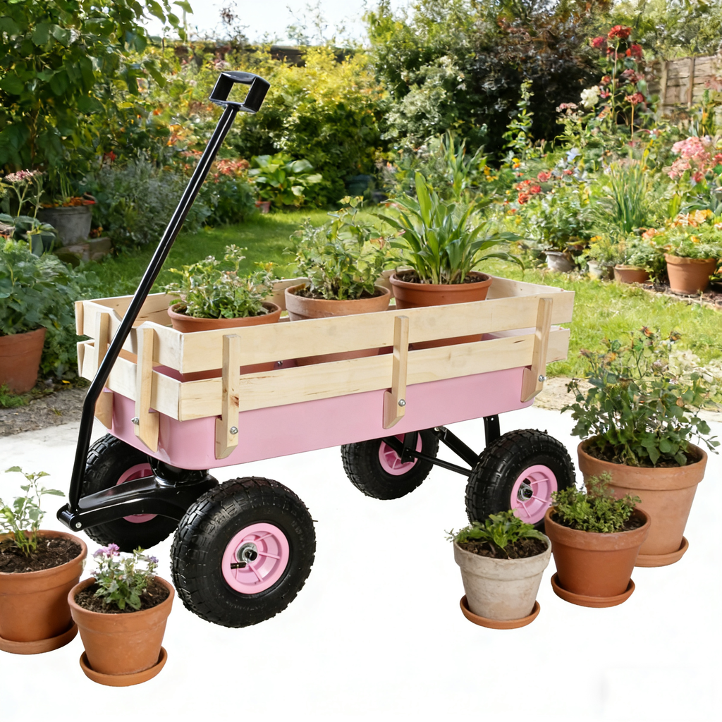 Outdoor All Terrain Garden Wagon with Wooden Railings and Pneumatic Tires