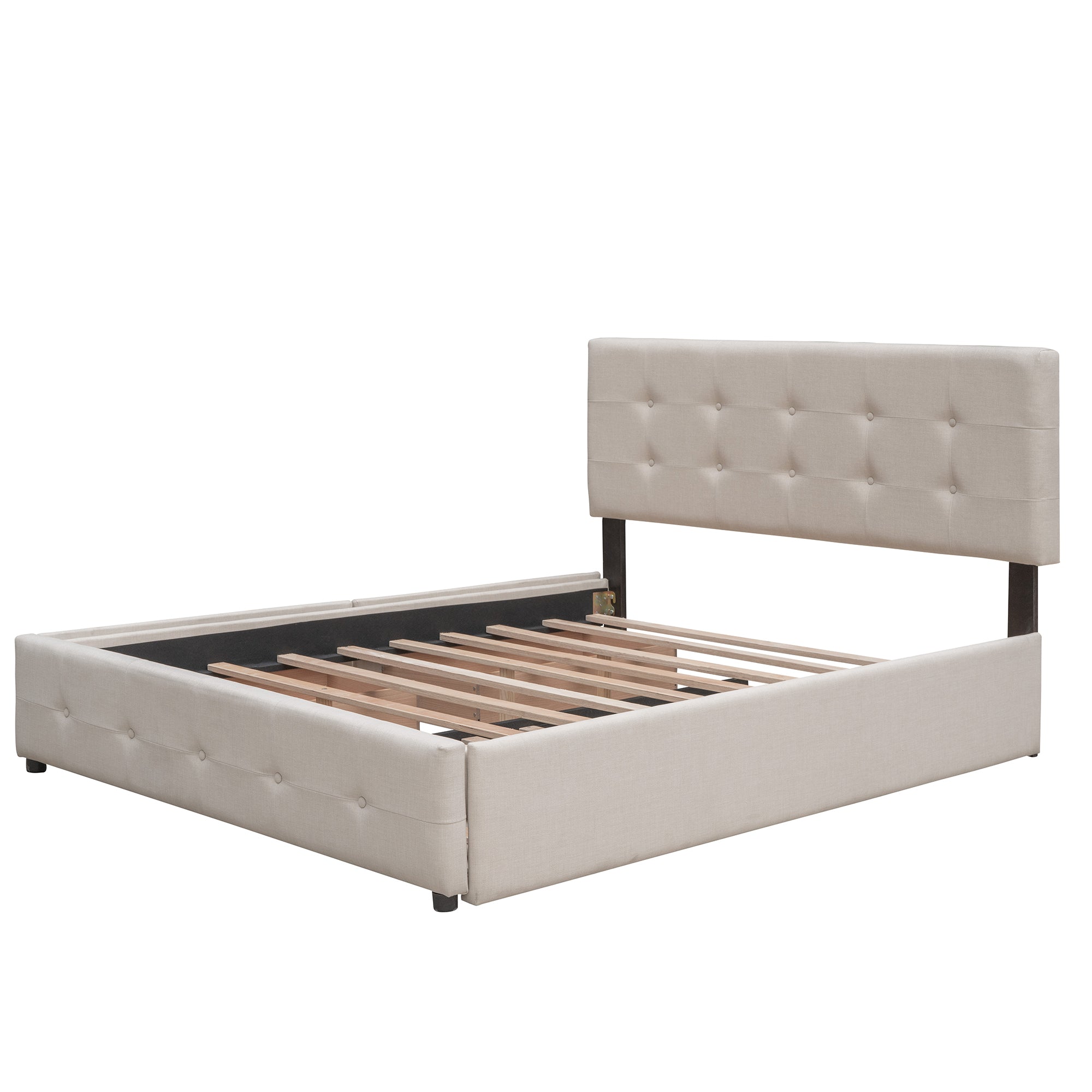 Upholstered Platform Bed with 2 Drawers and 1 Twin XL Trundle,  Linen Fabric, Queen Size - Dark Beige(OLD SKU :LP100314AAA)