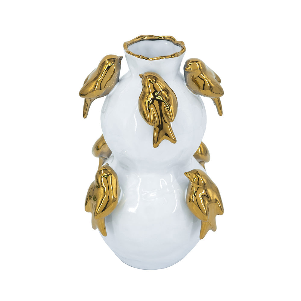 8.5x8.5x14 White Two-Tiered Ceramic Vase with Gold Bird Accents