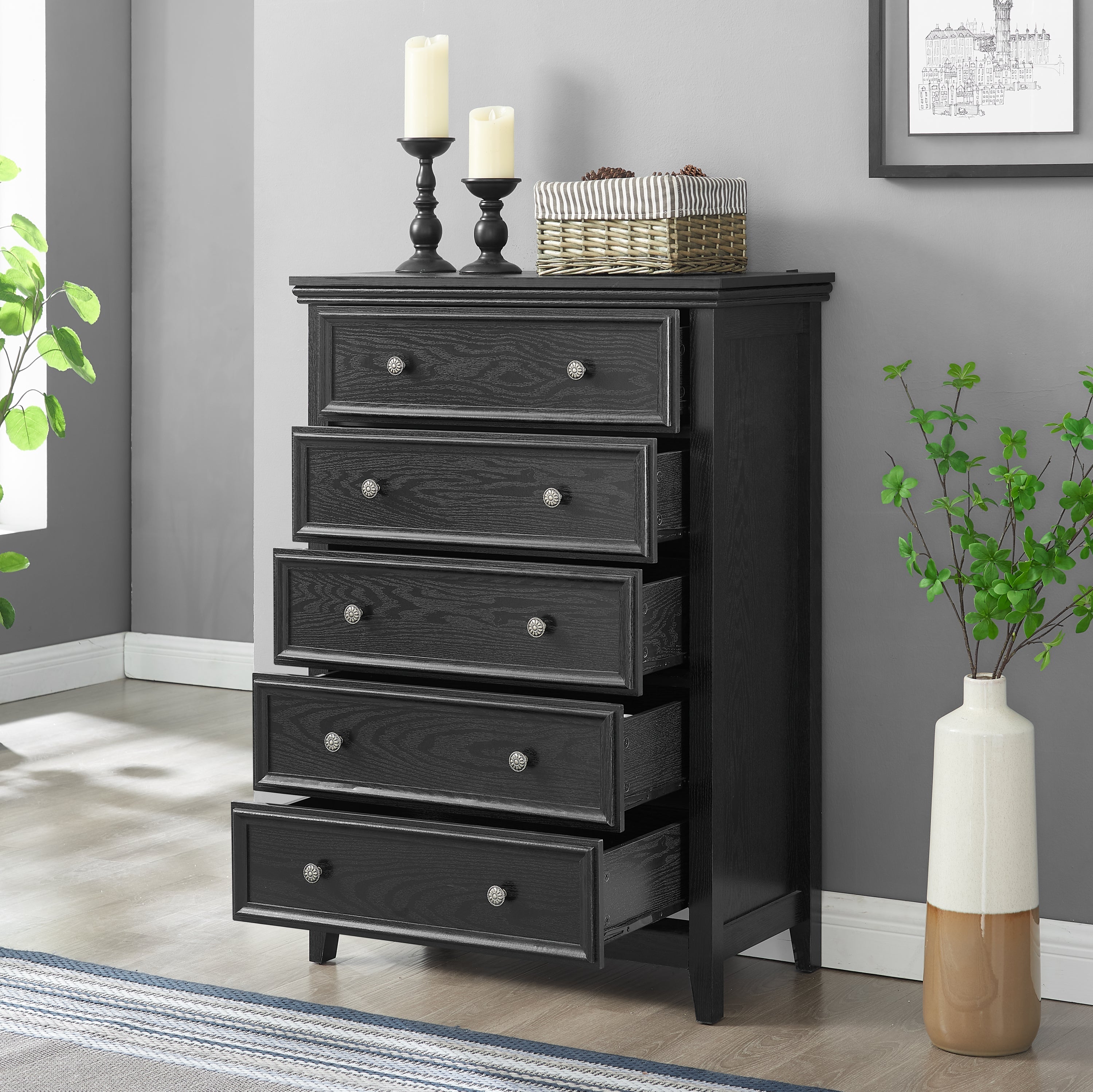 Modern 5-Drawer Black Dresser for Living Room Storage