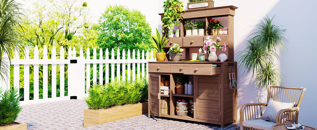 Topmax 65.7'' Tall Garden Potting Bench Table with Hutch