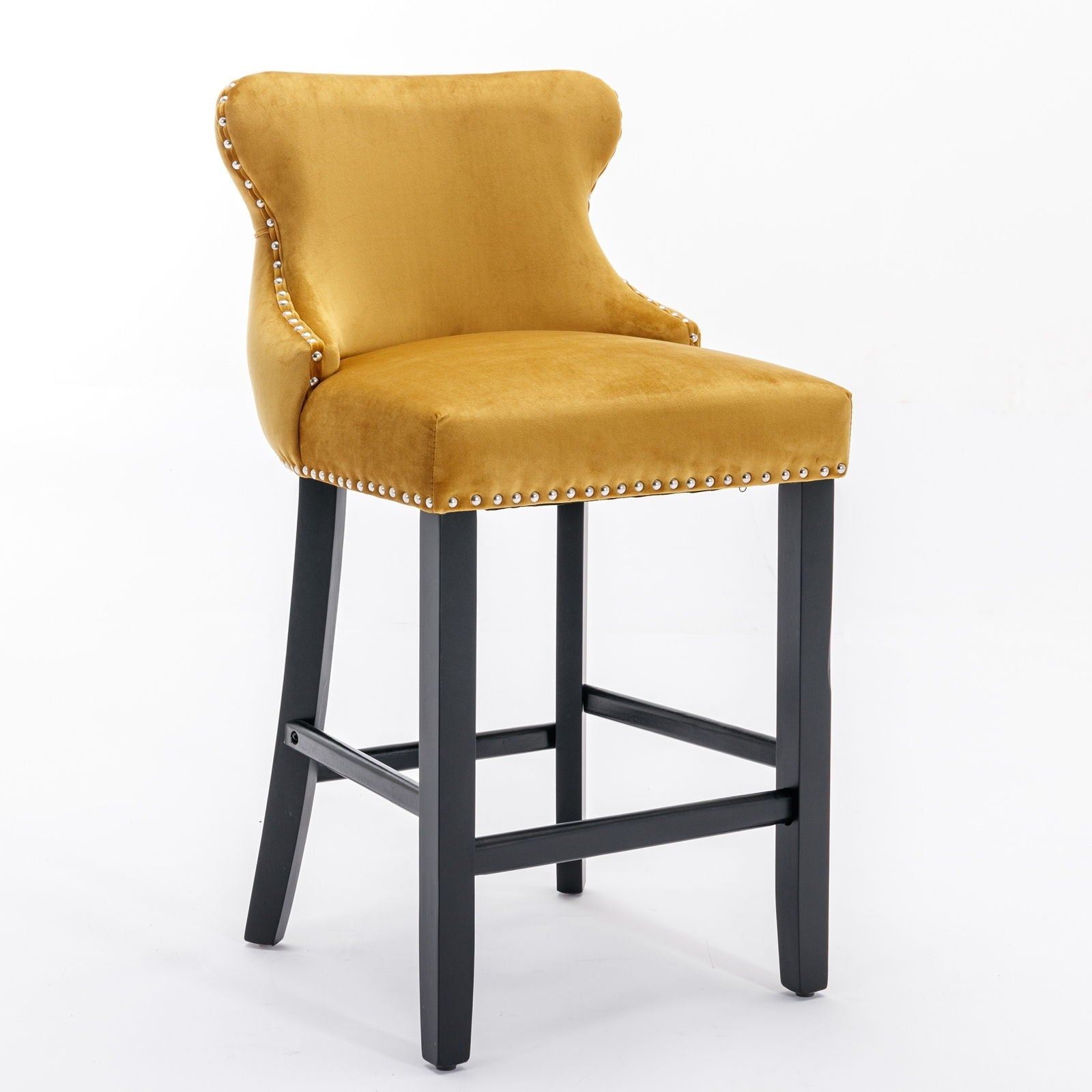 Contemporary Upholstered Wing-Back Barstools With Button Tufted Decoration And Wooden Legs, And Nailhead Trim, Leisure Style Bar Chairs, Bar Stools (Set of 2)