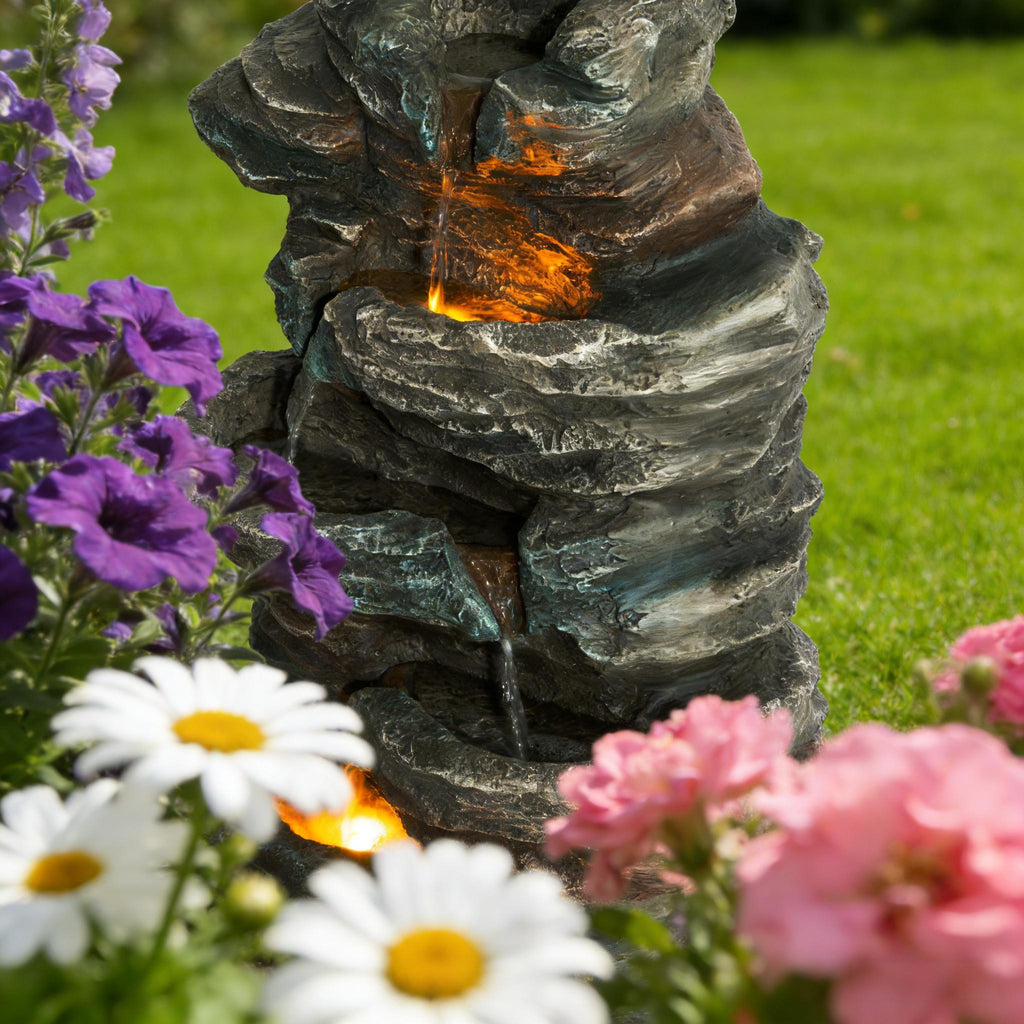 6-Tier Outdoor Cascading Stone Water Fountain with 3 LED Lights