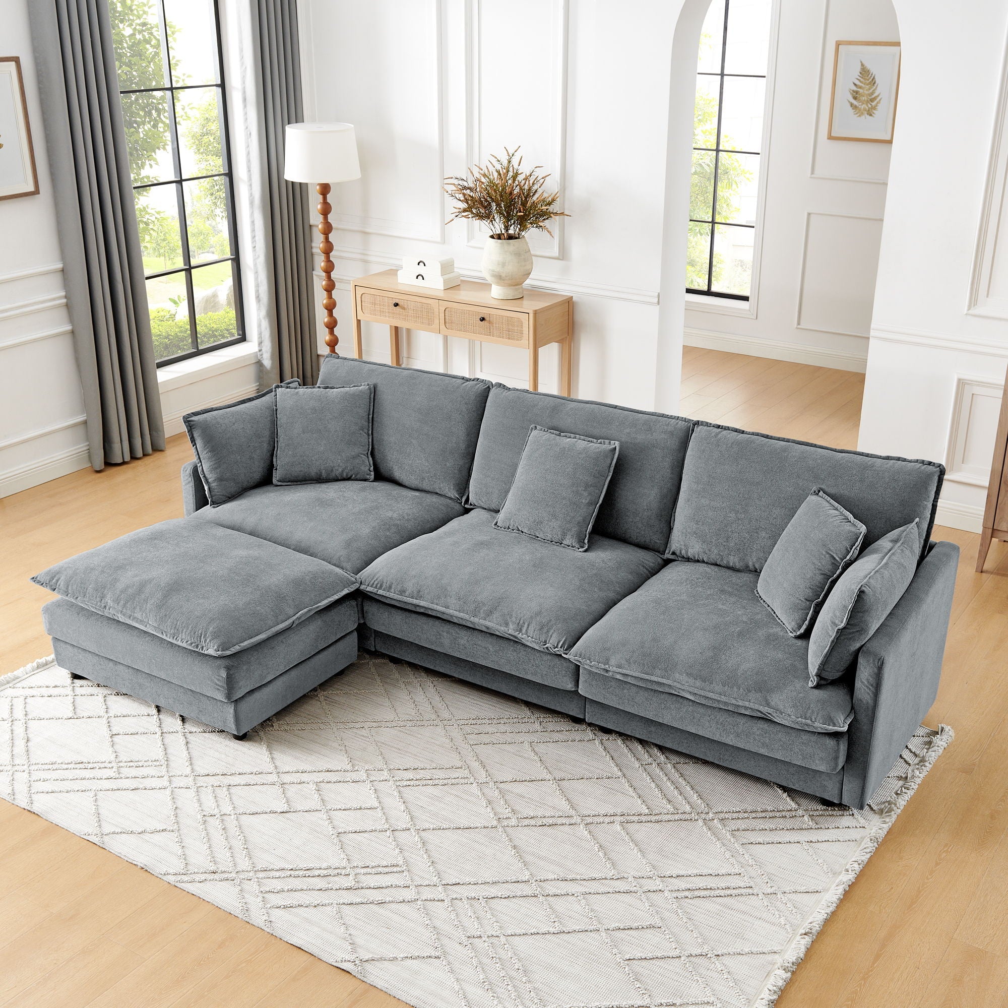 L-Shaped Sectional Sofa With Ottoman, Convertible 4 Seater Couch
