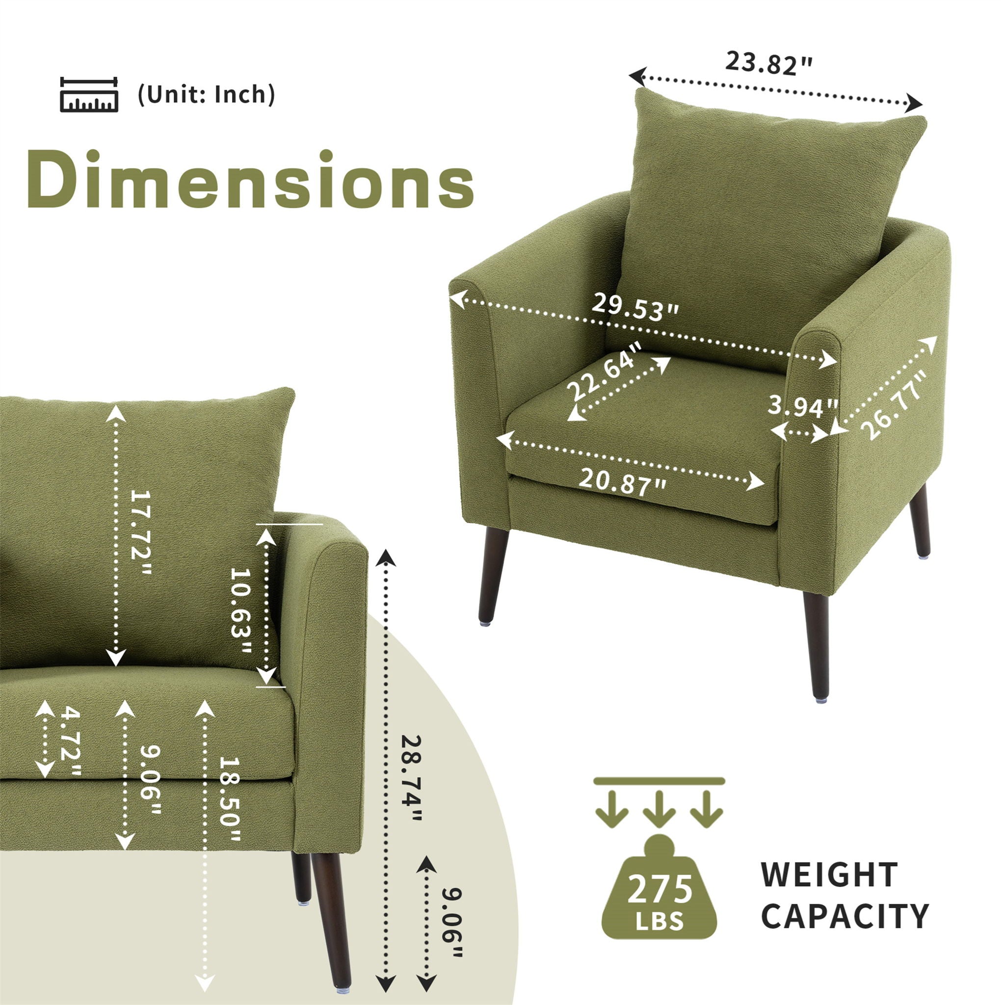 Barrel Chair, Modern Accent Chair, Fabric Armchair Club Chair, Upholstered Arm Chair With Solid Wood Legs, Waist Pillow, Padded Single Chair For Living Room / Bedroom / Study / Waiting Room - Olive Green