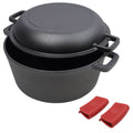 Pre-Seasoned Cast Iron Dutch Oven 2 In 1 With Dual Handles And Covers, 5 Quart - Black