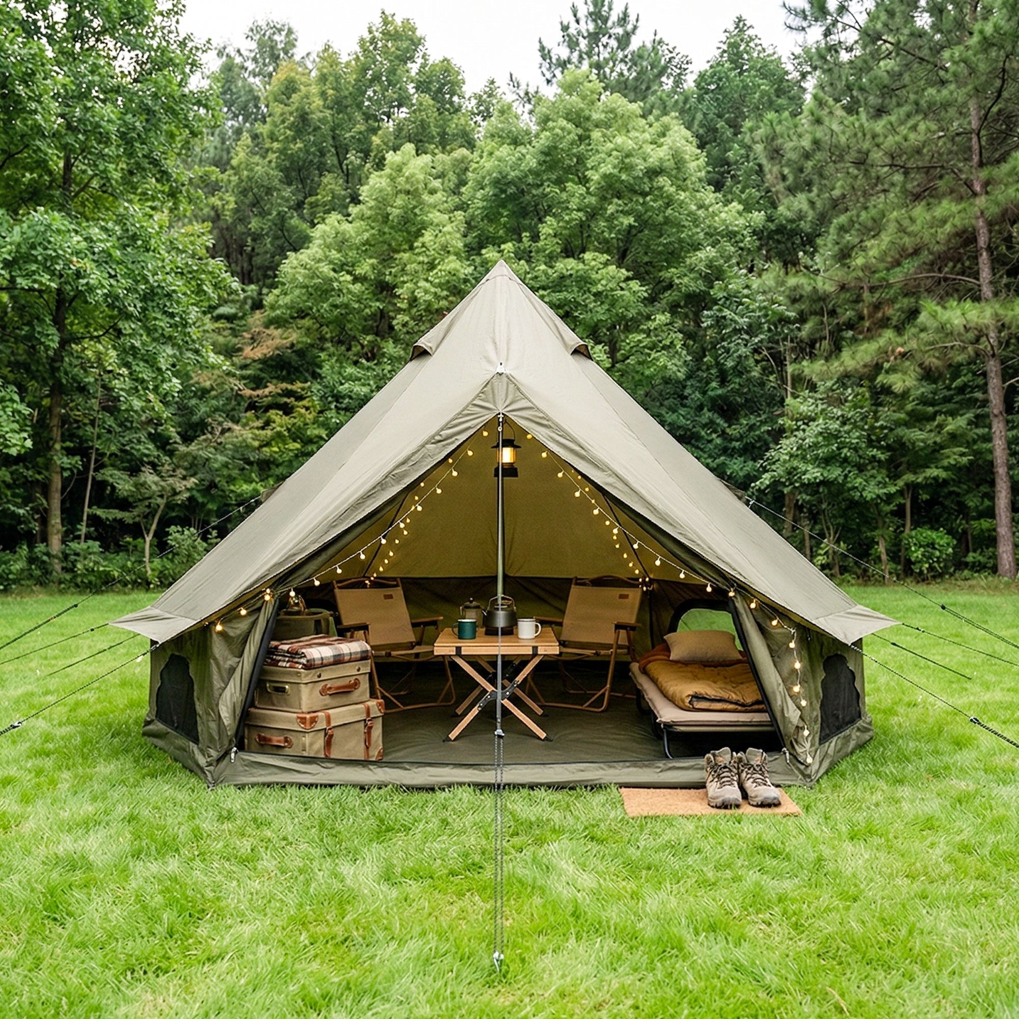 4 Season Bell Tent 13.1FT, Green Waterproof Glamping Yurt Tent