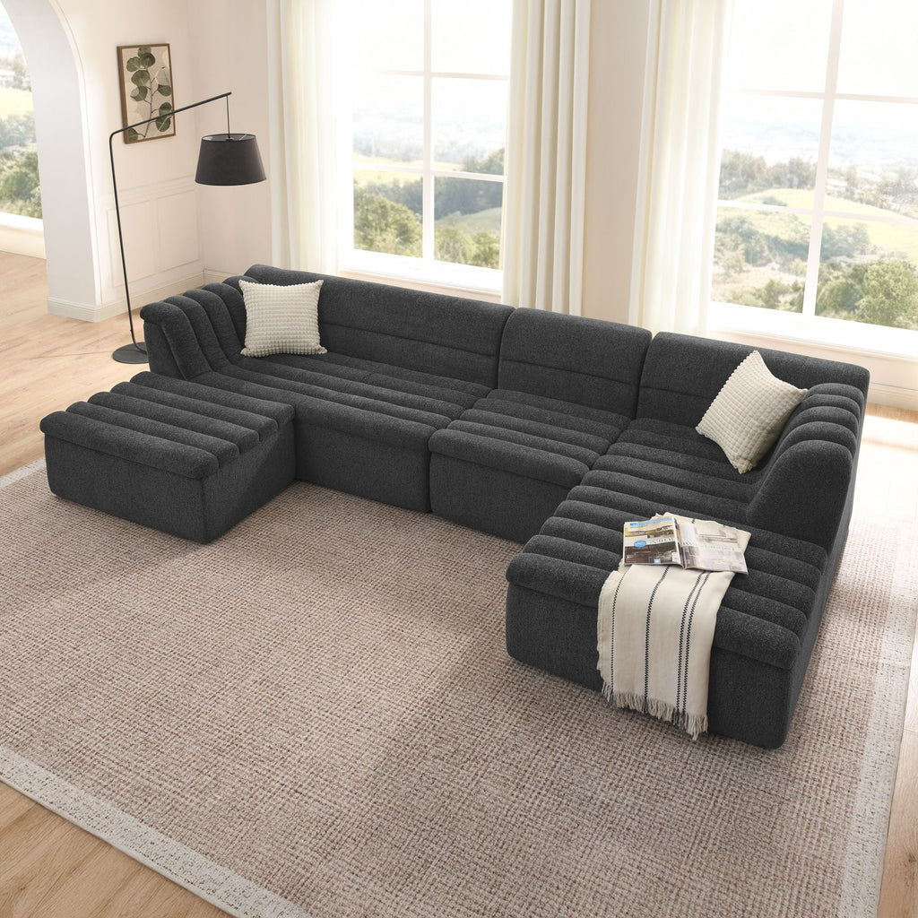 U-Shaped Modular Sectional Sofa With Chaise And Movable Ottoman With Wave-Shaped Armrest